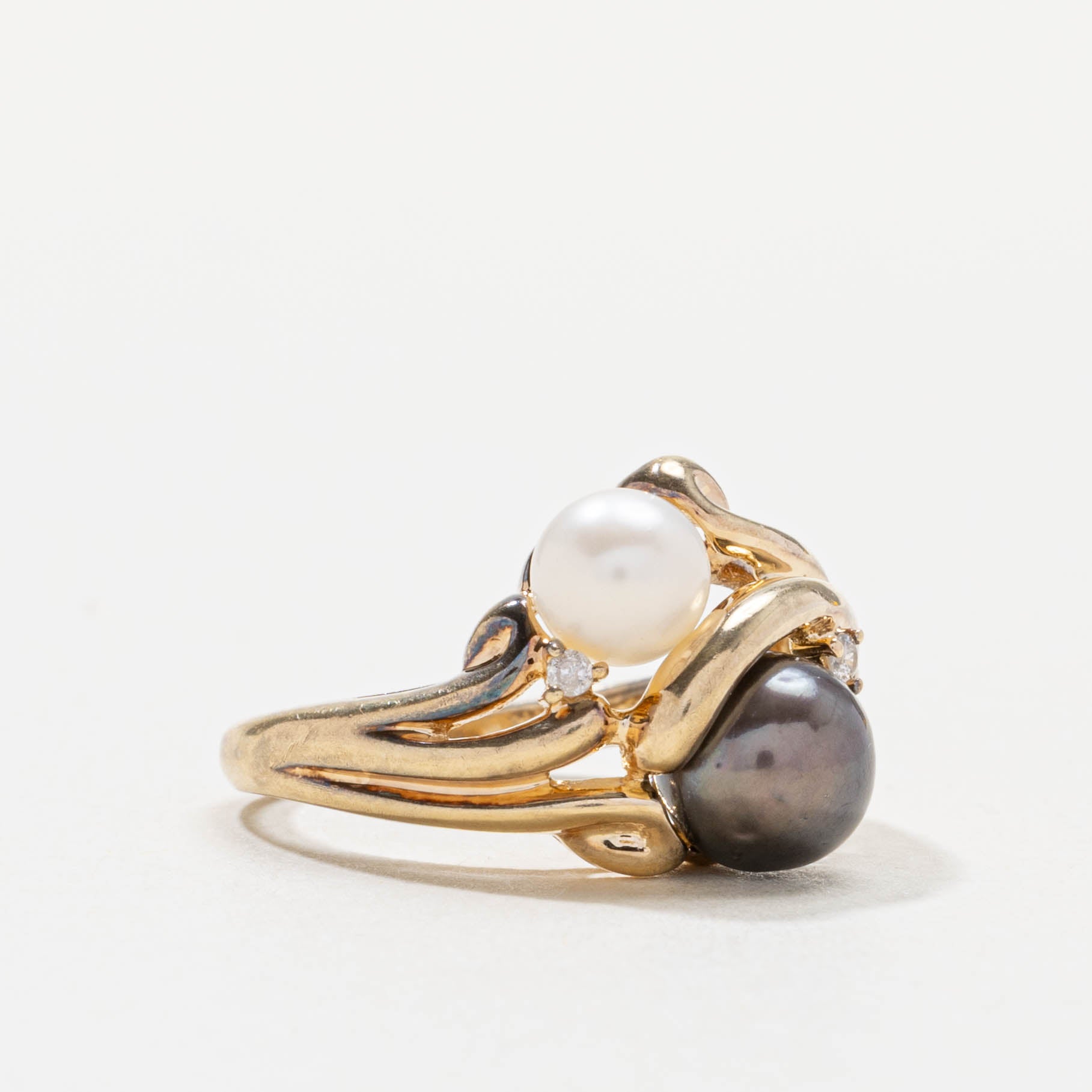 14k Black & White Pearl & Diamond Toi et Moi Ring | SZ 4.75