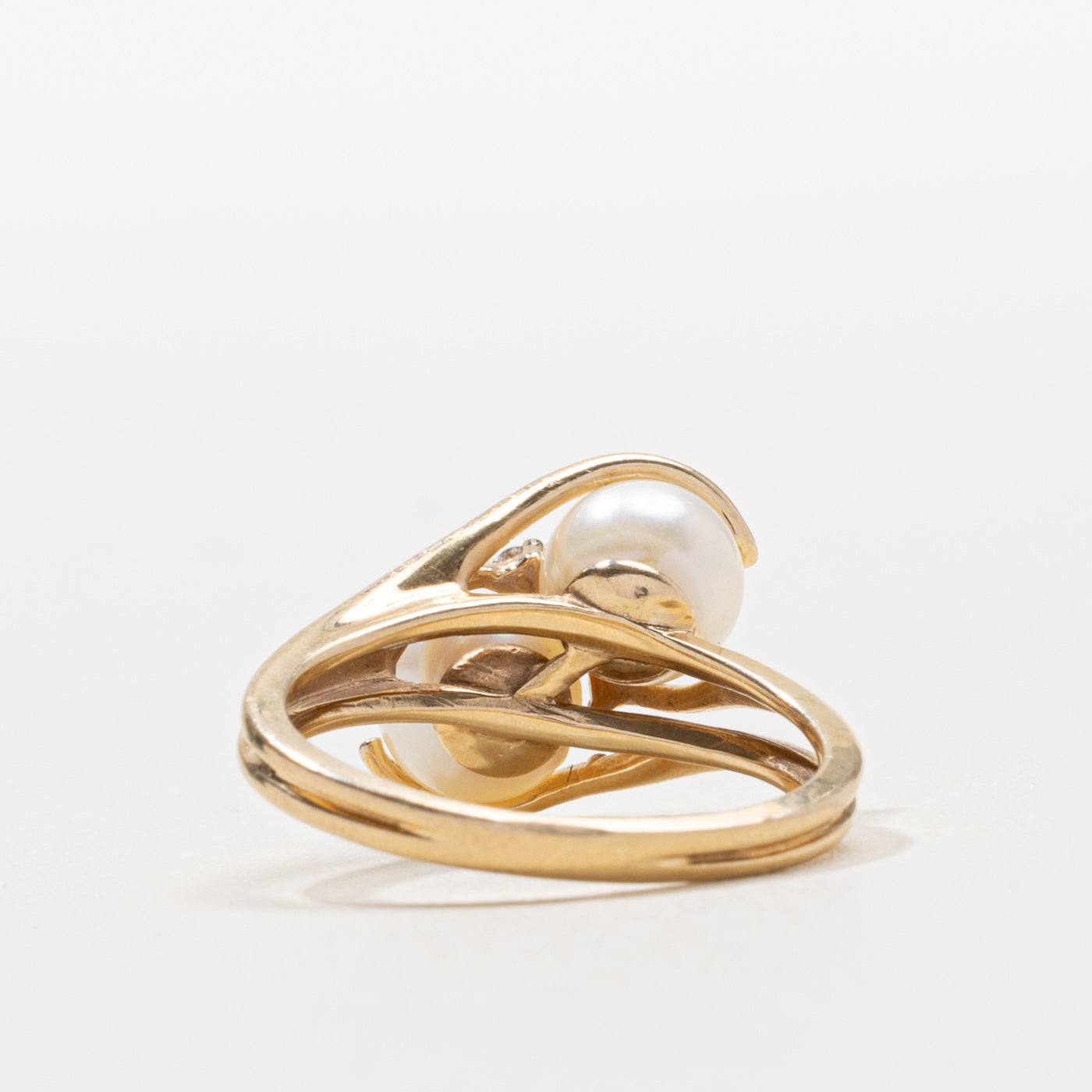 14k Two Stone Pearl & Diamond Bypass Ring | SZ 6