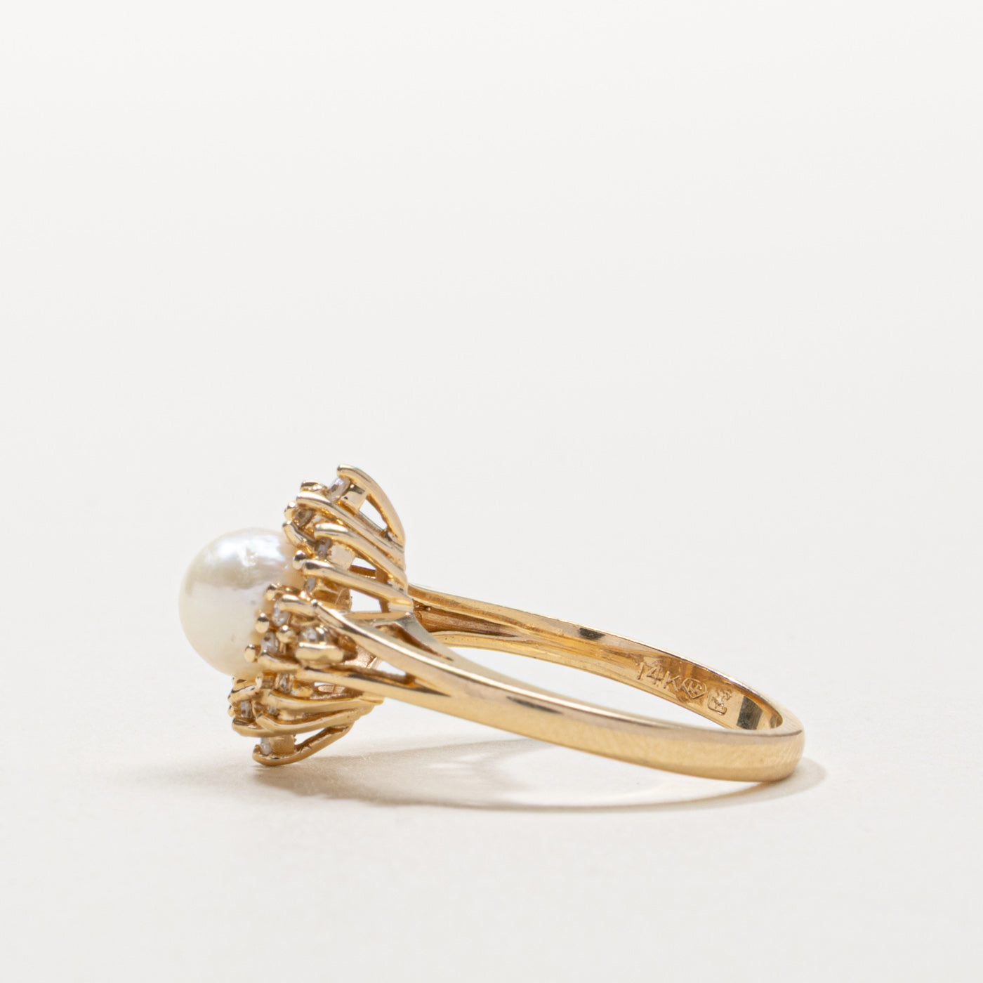 14k Pearl & Diamond Petal Halo Ring | SZ 6.5