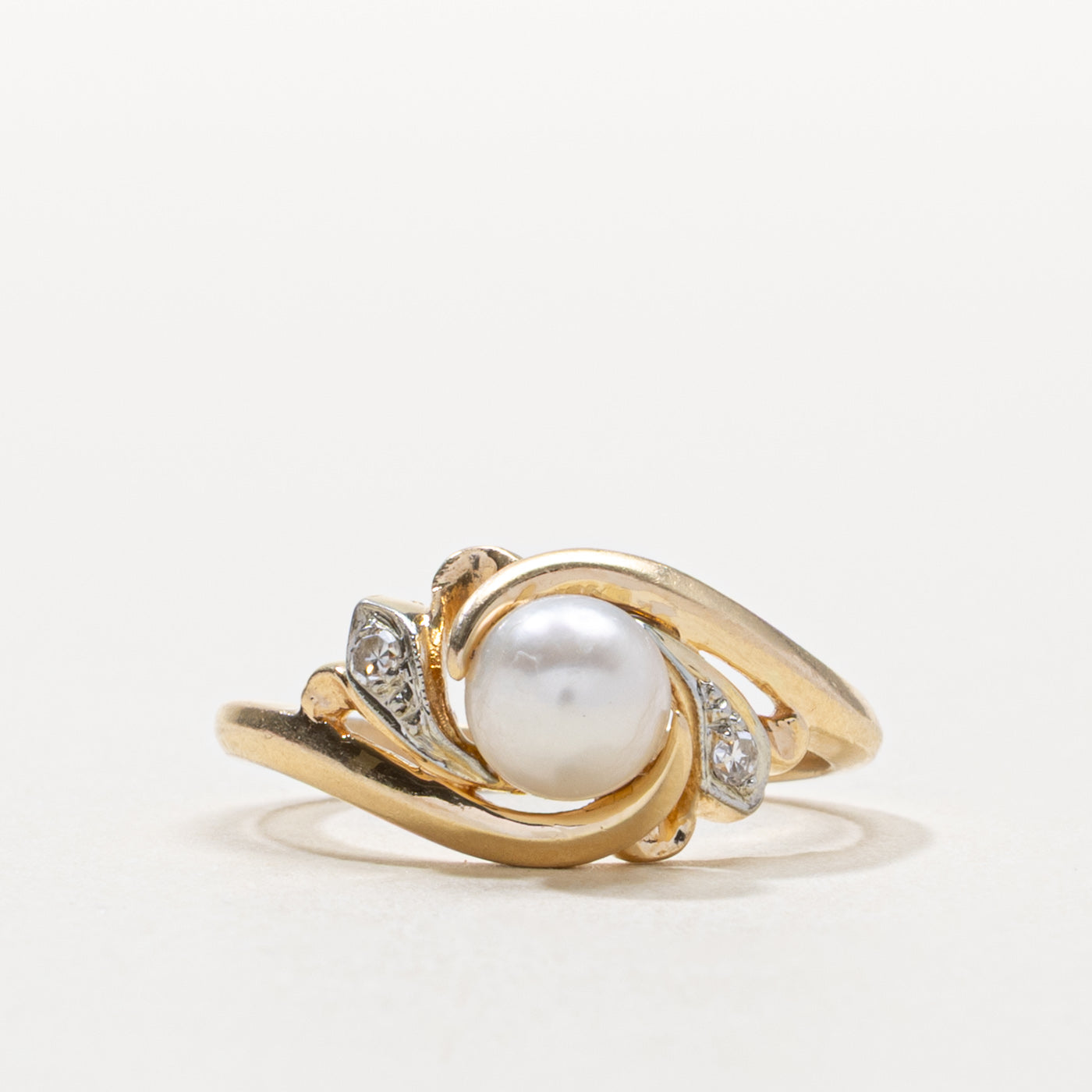 ‘Birks’ 14k Pearl & Diamond Swirl Bypass Ring | SZ 6.25