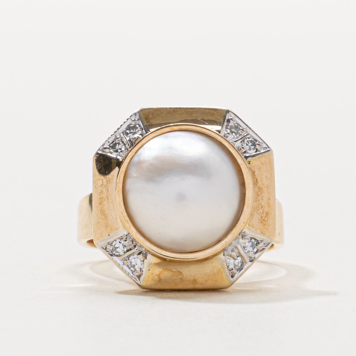 14k Mabé Pearl & Diamond Geometric Cocktail Ring | SZ 5