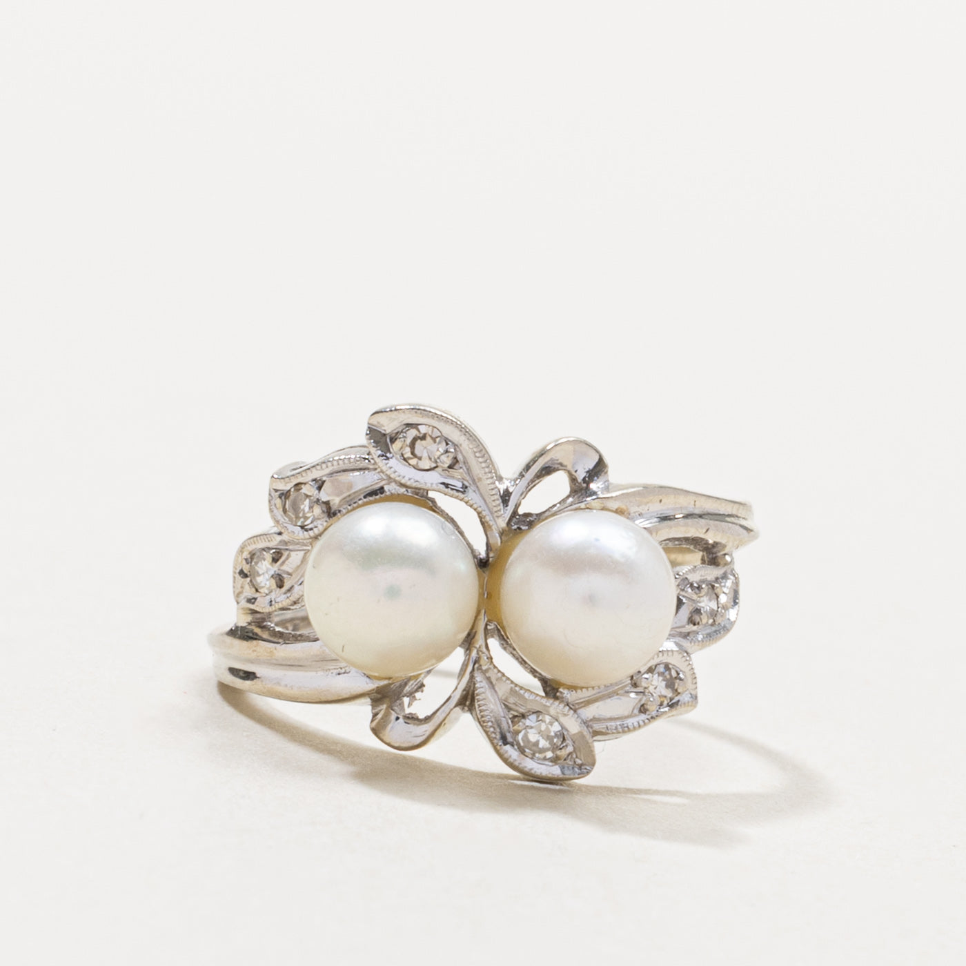 14k Two Stone Pearl & Diamond Floral Ring | SZ 4.25
