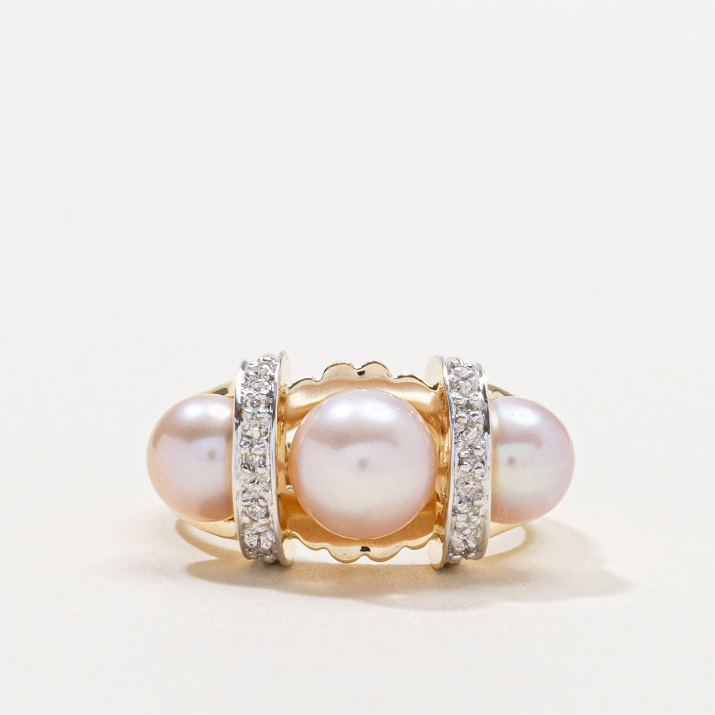 14k Three Stone Pink Pearl & Diamond Ring | SZ 5.25