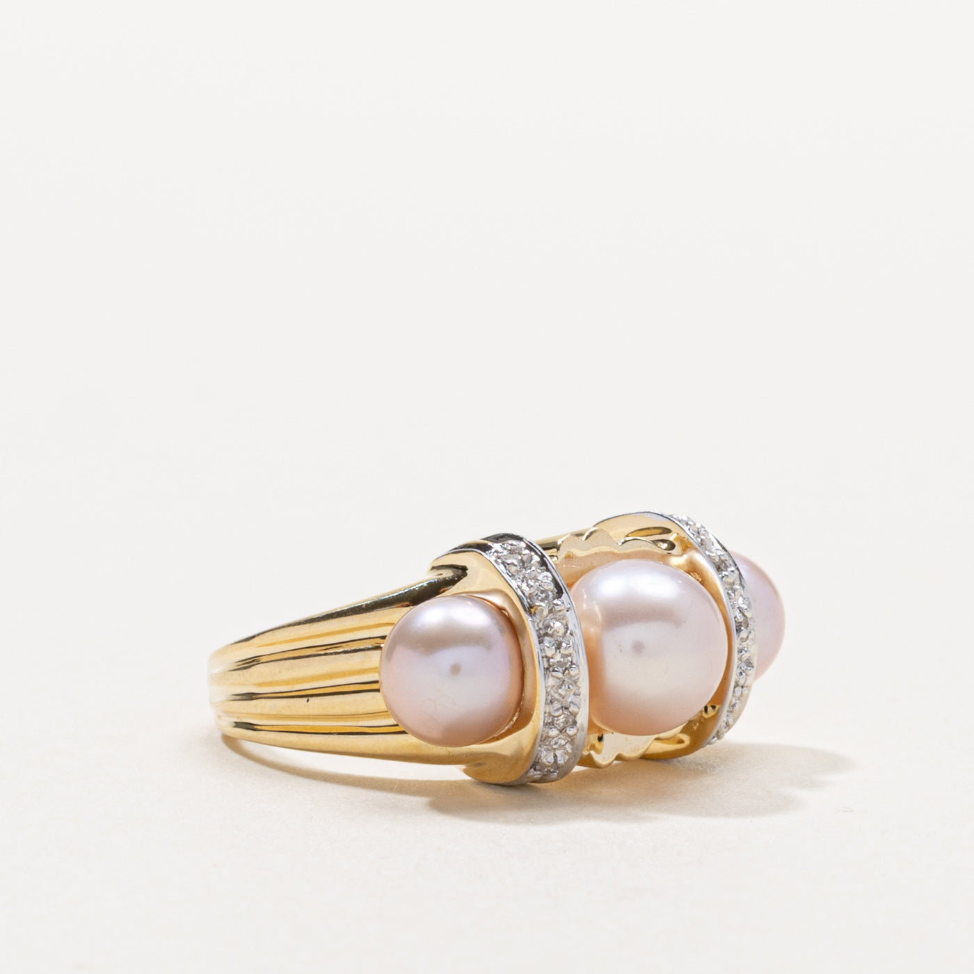 14k Three Stone Pink Pearl & Diamond Ring | SZ 5.25