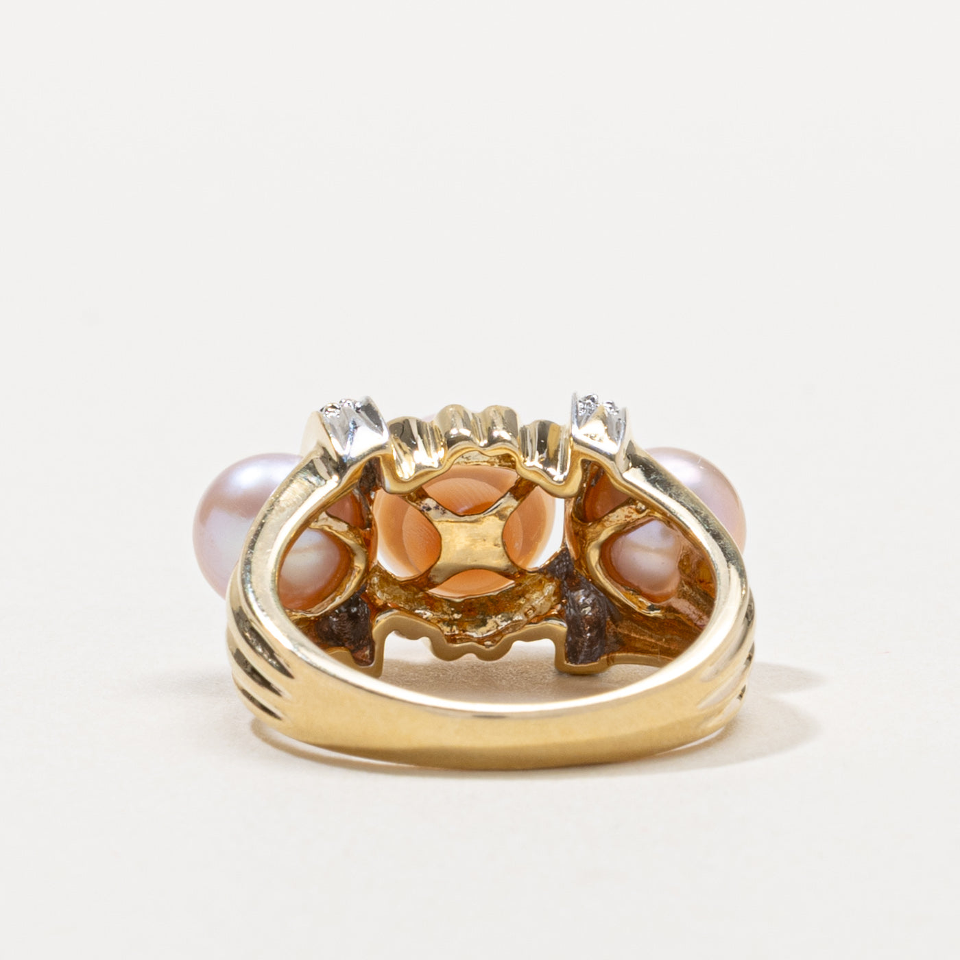 14k Three Stone Pink Pearl & Diamond Ring | SZ 5.25
