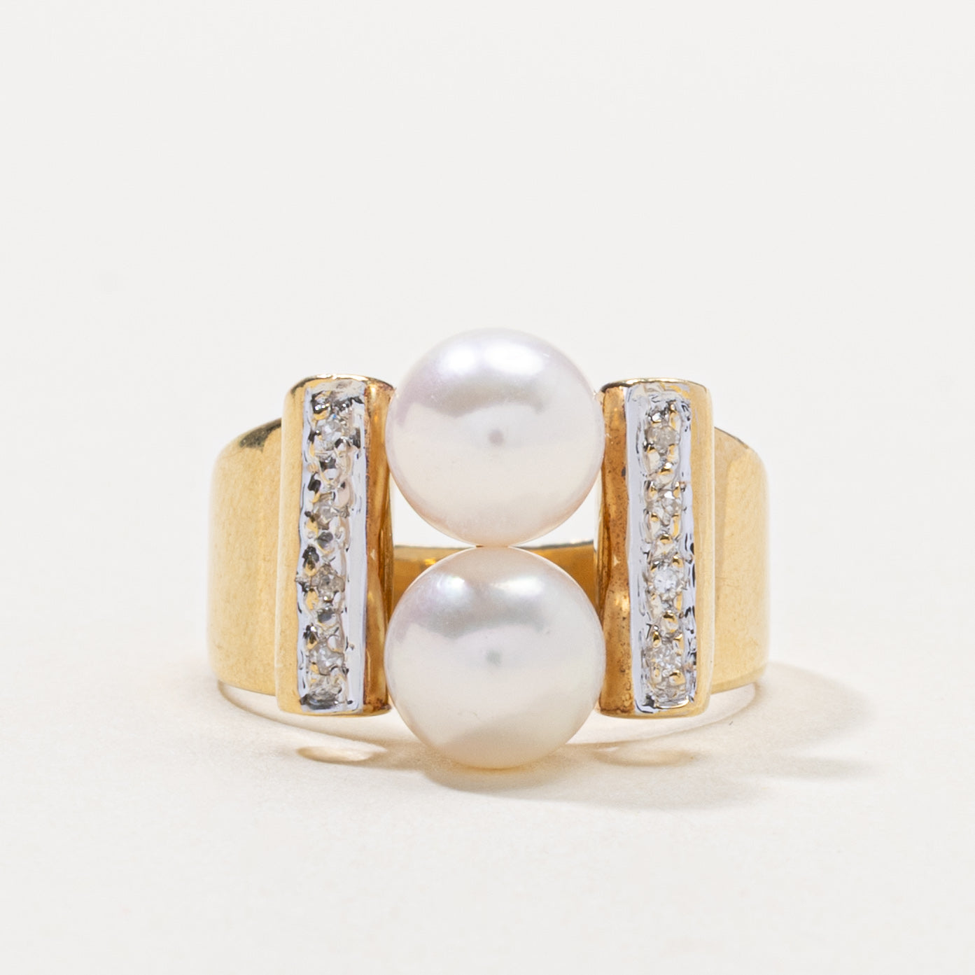 14k Two Stone Pearl & Diamond Cocktail Ring | SZ 6