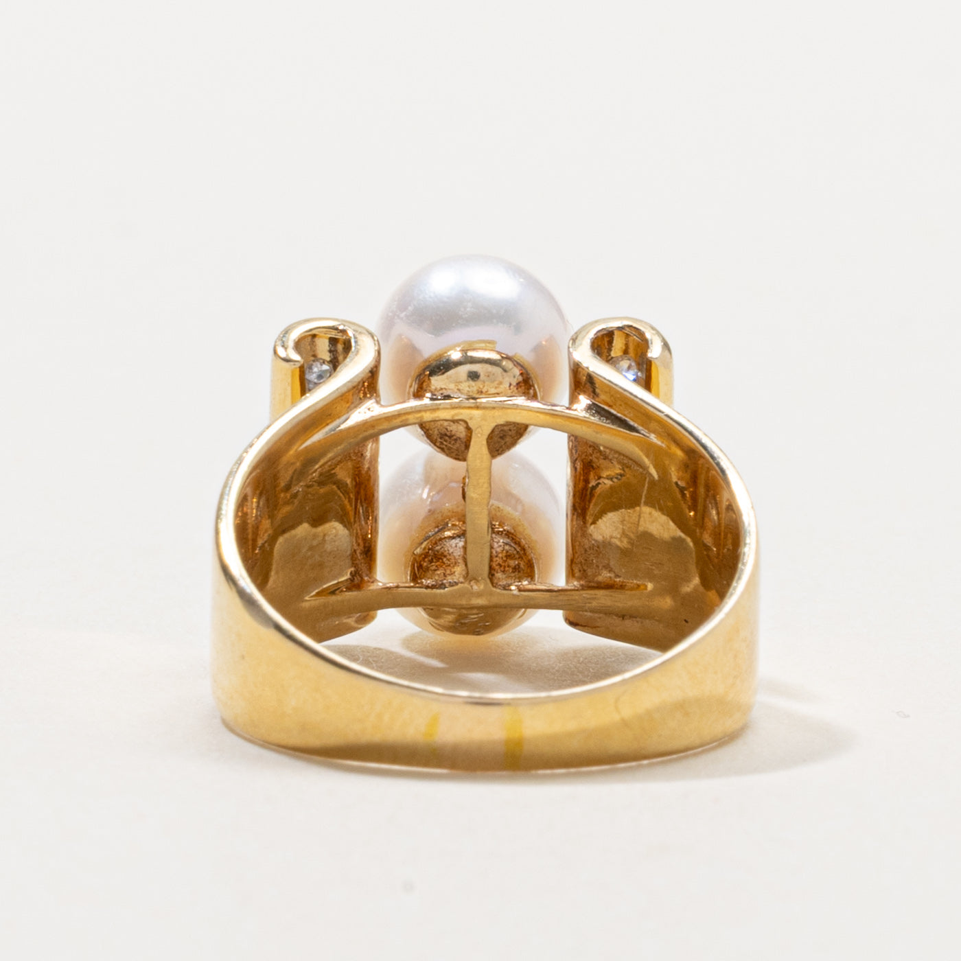 14k Two Stone Pearl & Diamond Cocktail Ring | SZ 6