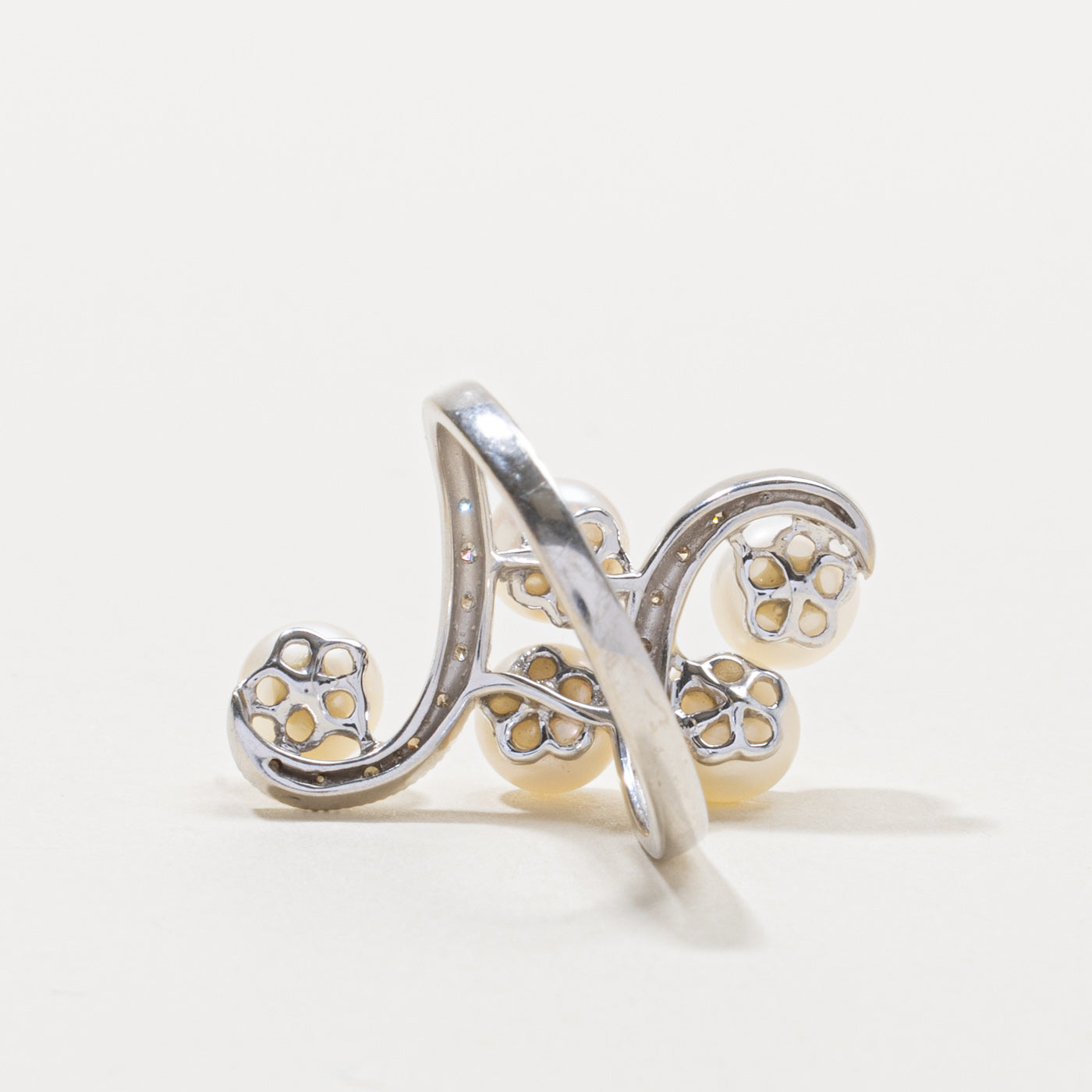 14k Pearl & Diamond Swirl Cocktail Ring | SZ 7.25