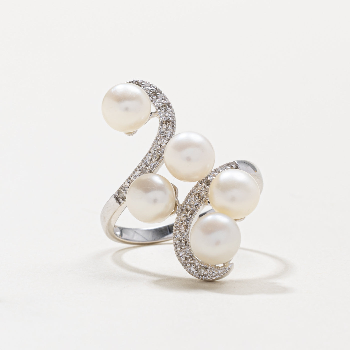 14k Pearl & Diamond Swirl Cocktail Ring | SZ 7.25