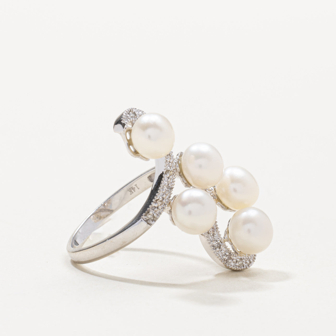 14k Pearl & Diamond Swirl Cocktail Ring | SZ 7.25