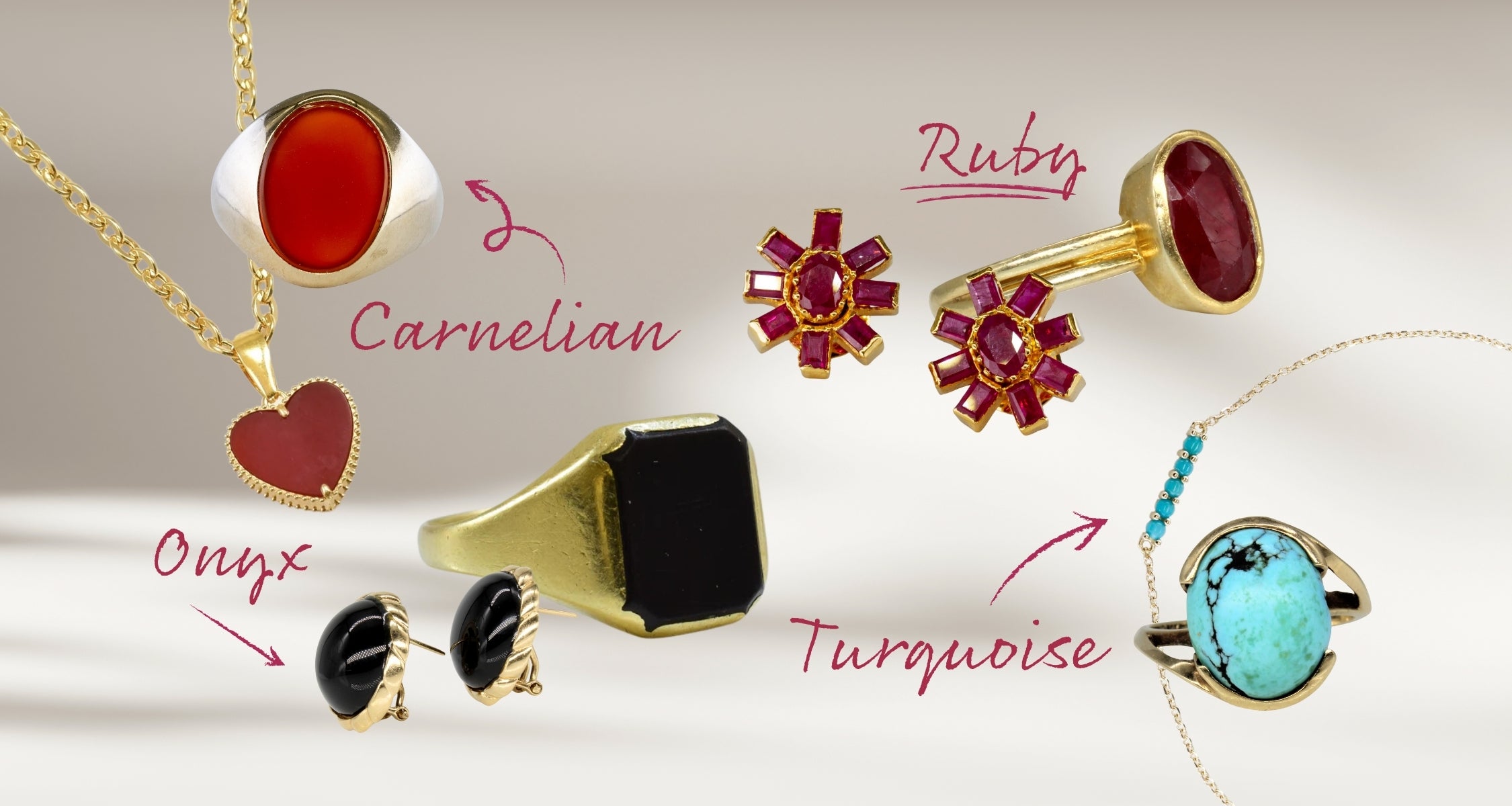 Jewelry of varying types of gemstones Image of floating jewelry of different types of gemstones. Text over image: carnelian, ruby, onyx, turquoise.