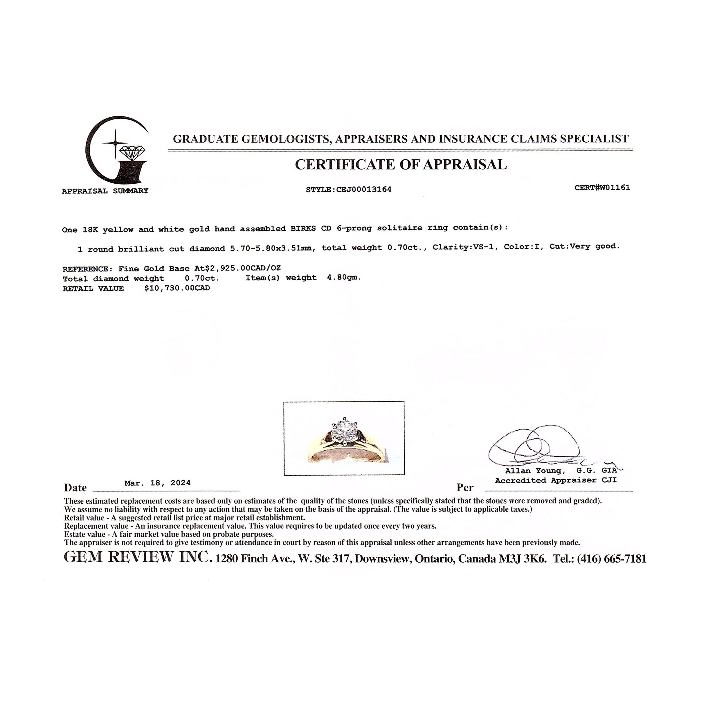 Birks 6-Prong Diamond Solitaire Engagement Ring | 0.70 ct VS1 I | SZ 7.25 |