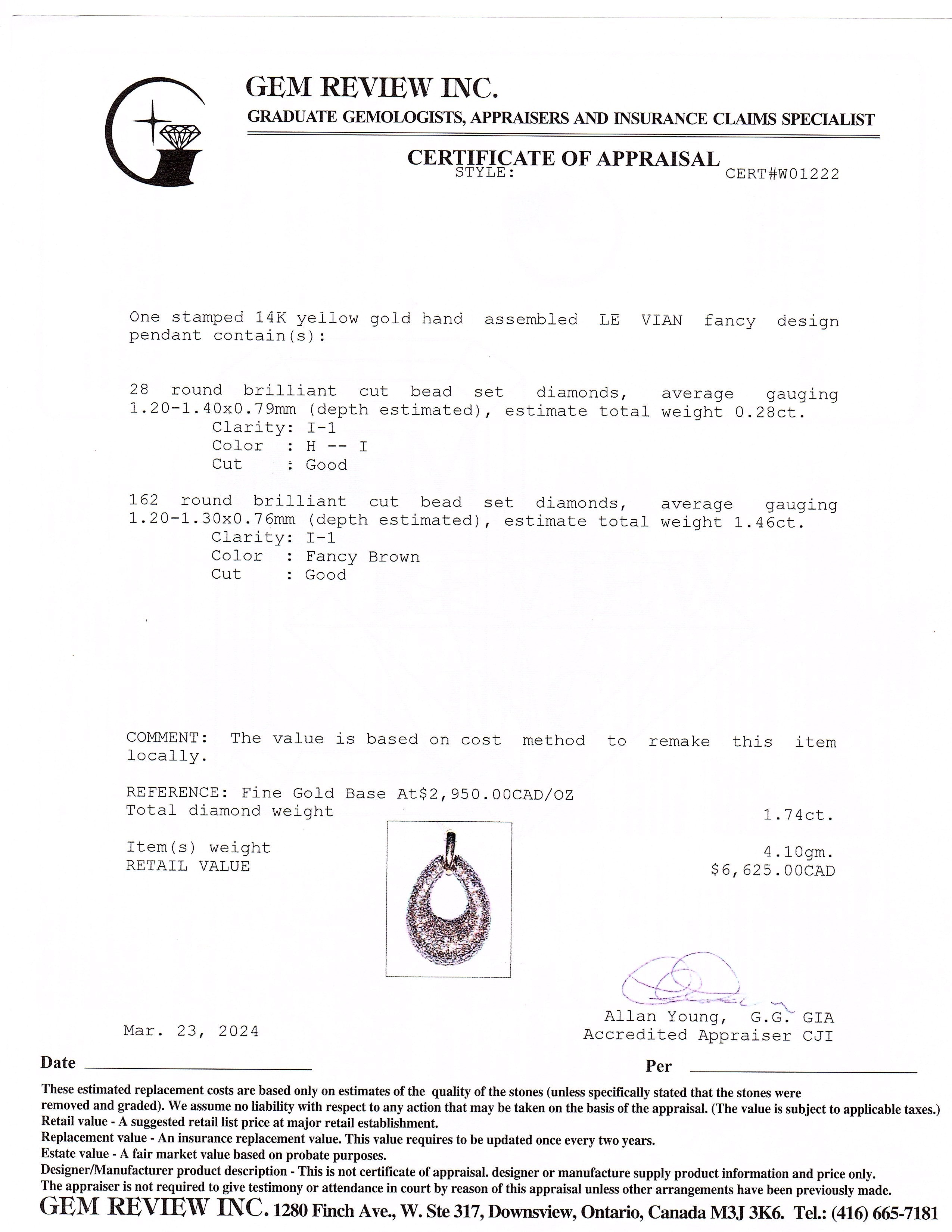 14K Yellow Gold Brown Diamond "Le Vian" Pendant | 1.74ctw