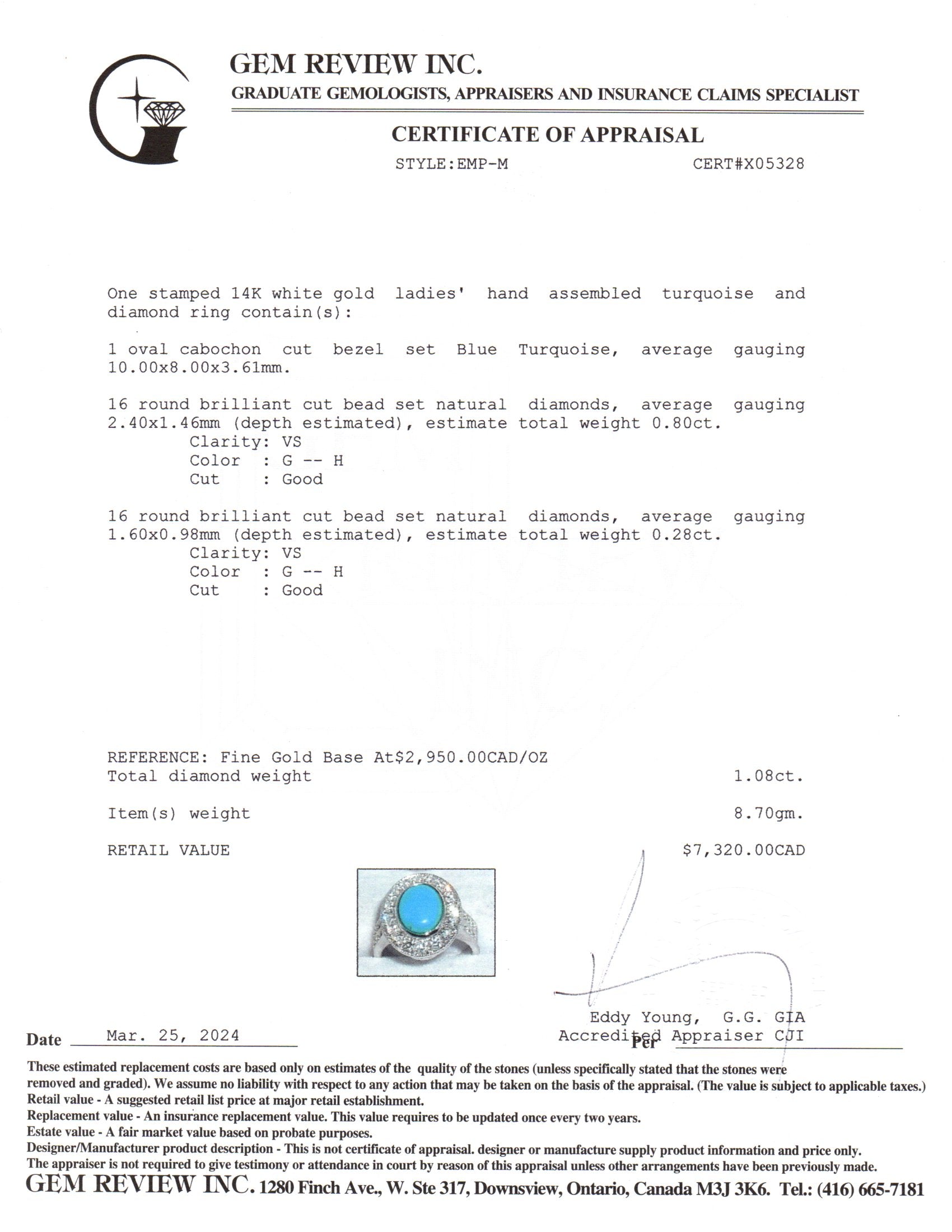 Bague halo turquoise et diamants 14 carats | 10 x 8 mm, 1,08 ct | Taille 6,75 |