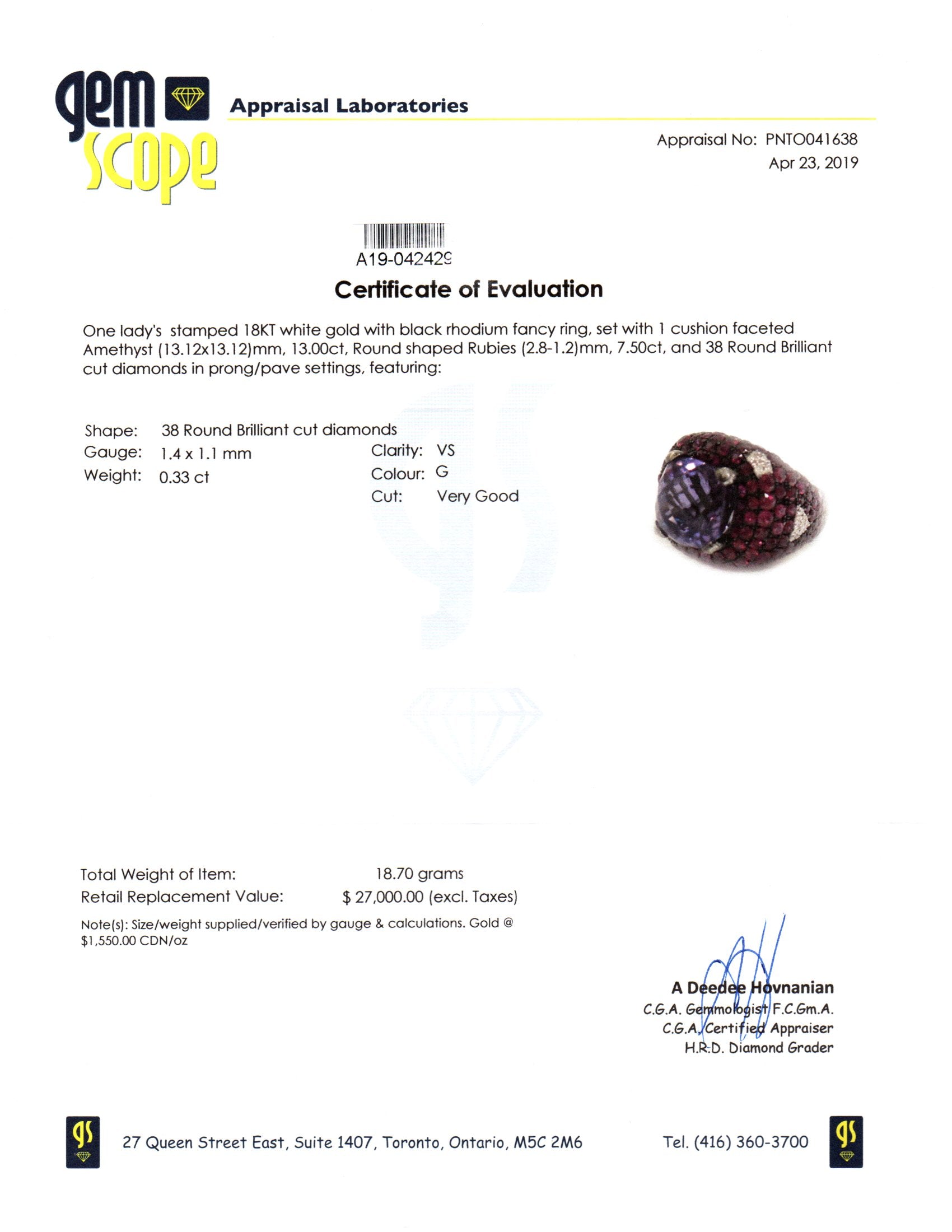 18K White Gold with Black Rhodium Amethyst, Ruby and Diamond Ring | 13.00 ct, 7.50 ctw, 0.33 ctw | SZ 6.5 |