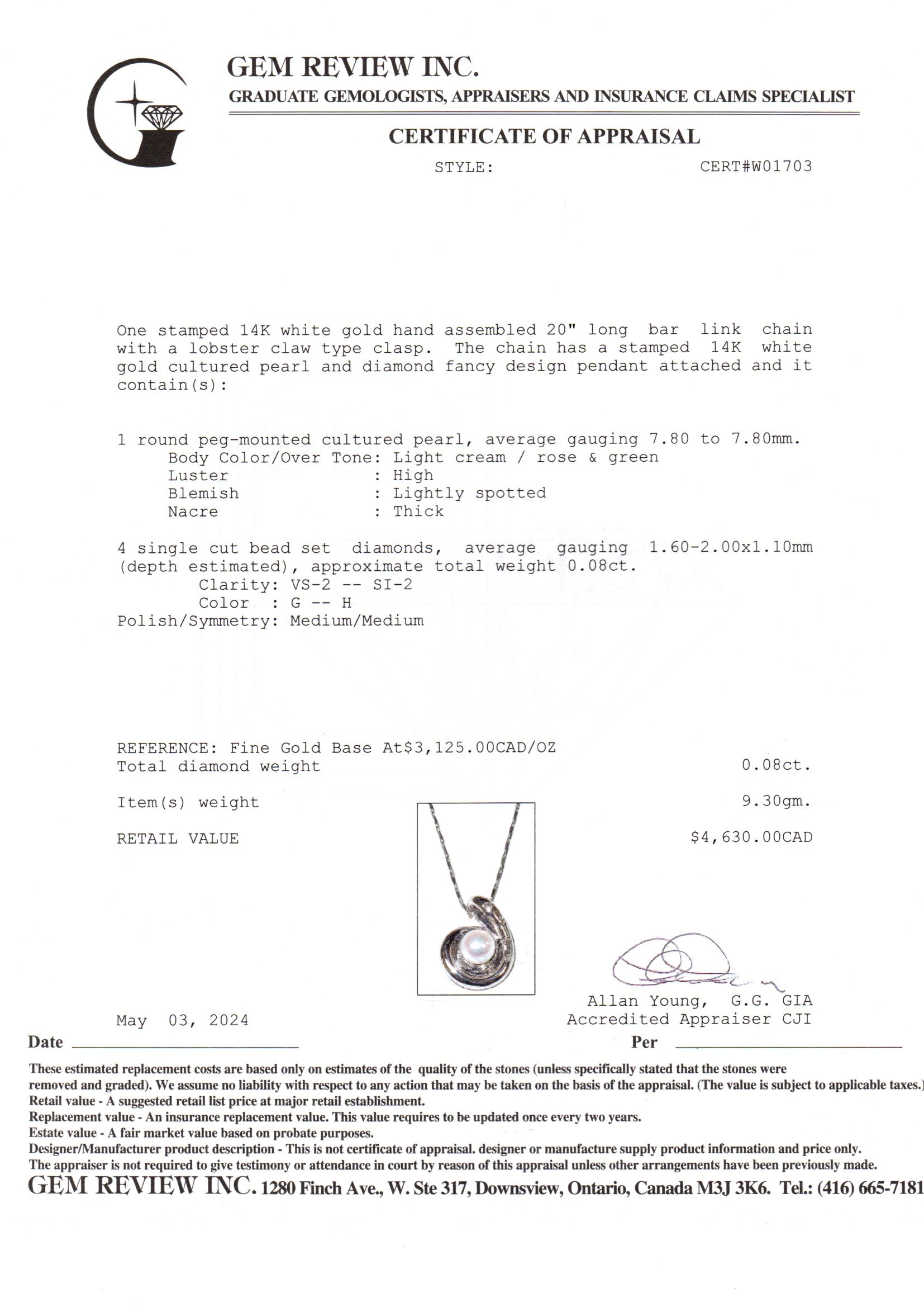 14k White Gold Pearl and Diamond Necklace | 0.08ctw | 20"
