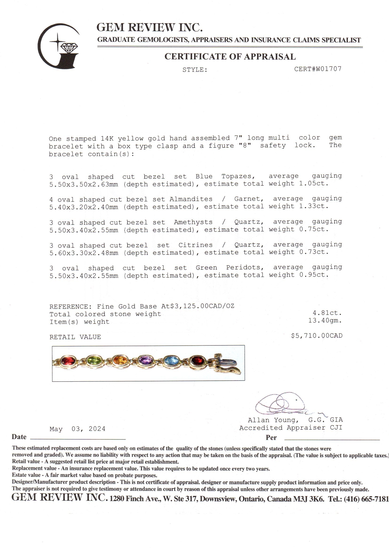 Bracelet en or jaune 14 carats serti de pierres multicolores | 4,81 ct au total | 17,8 cm