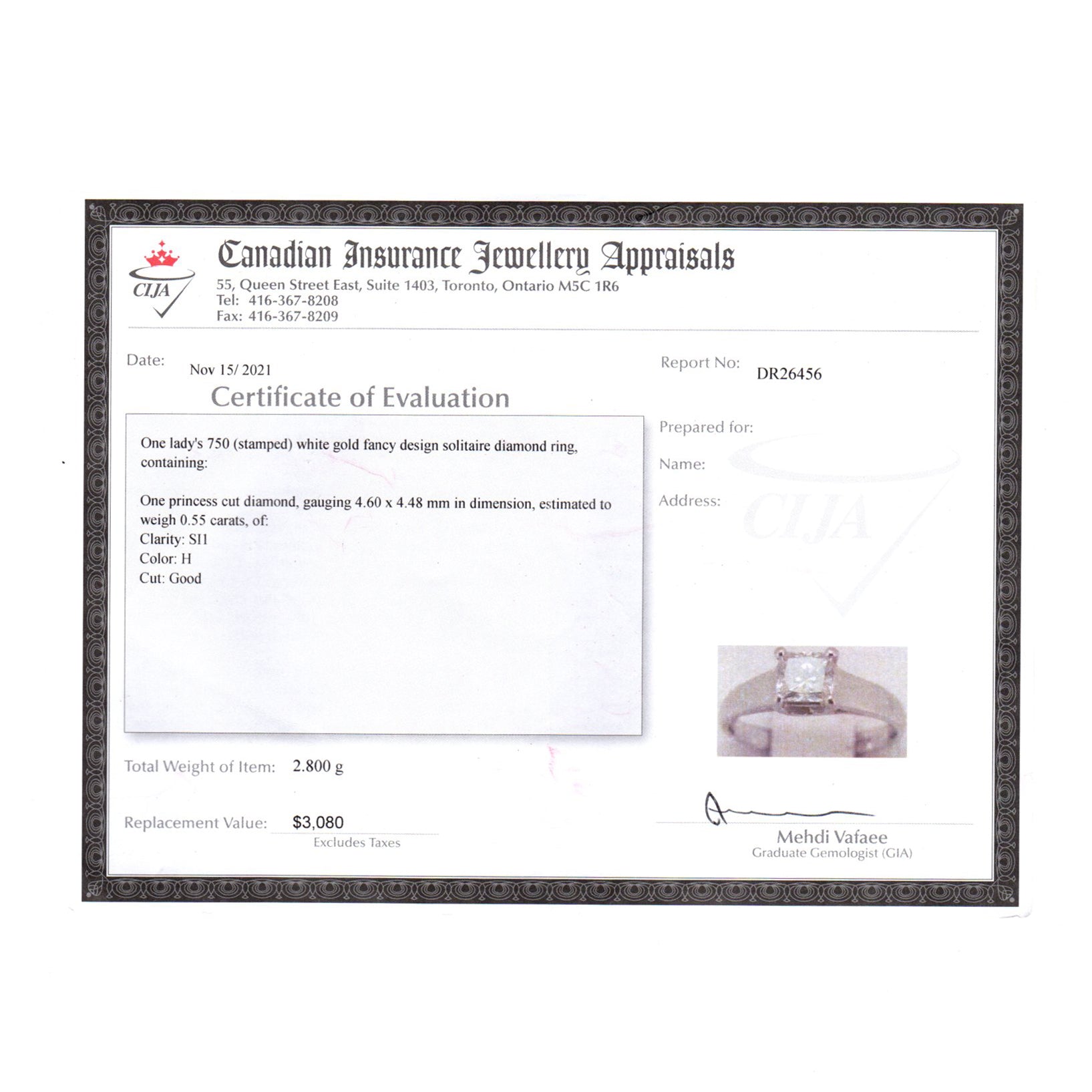 18k White Gold Princess Cut Diamond Engagement Ring | 0.55ct SI1 H | SZ 5