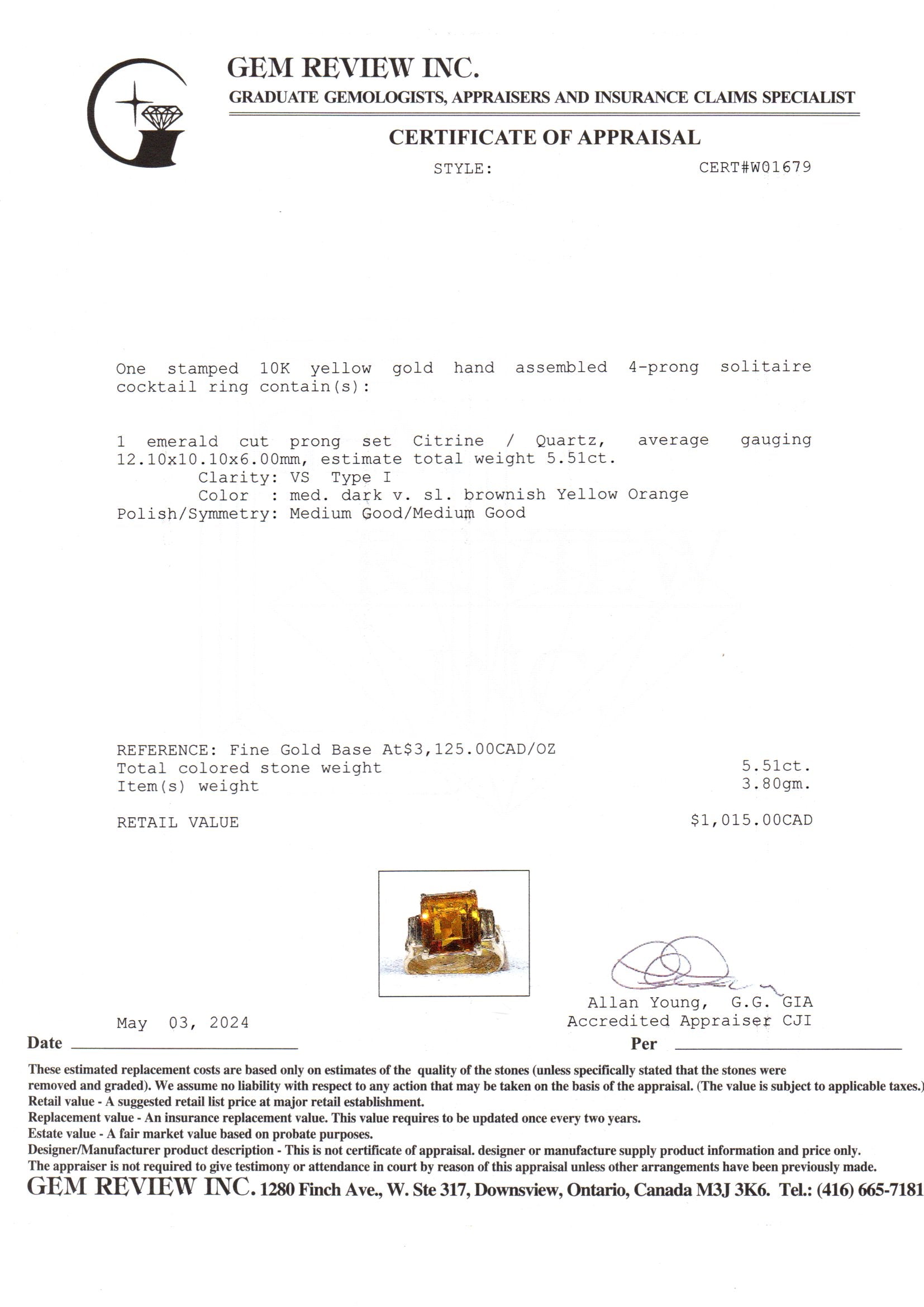 10k Yellow Gold 4-Prong Citrine Cocktail Ring | 5.51ct | 6.75
