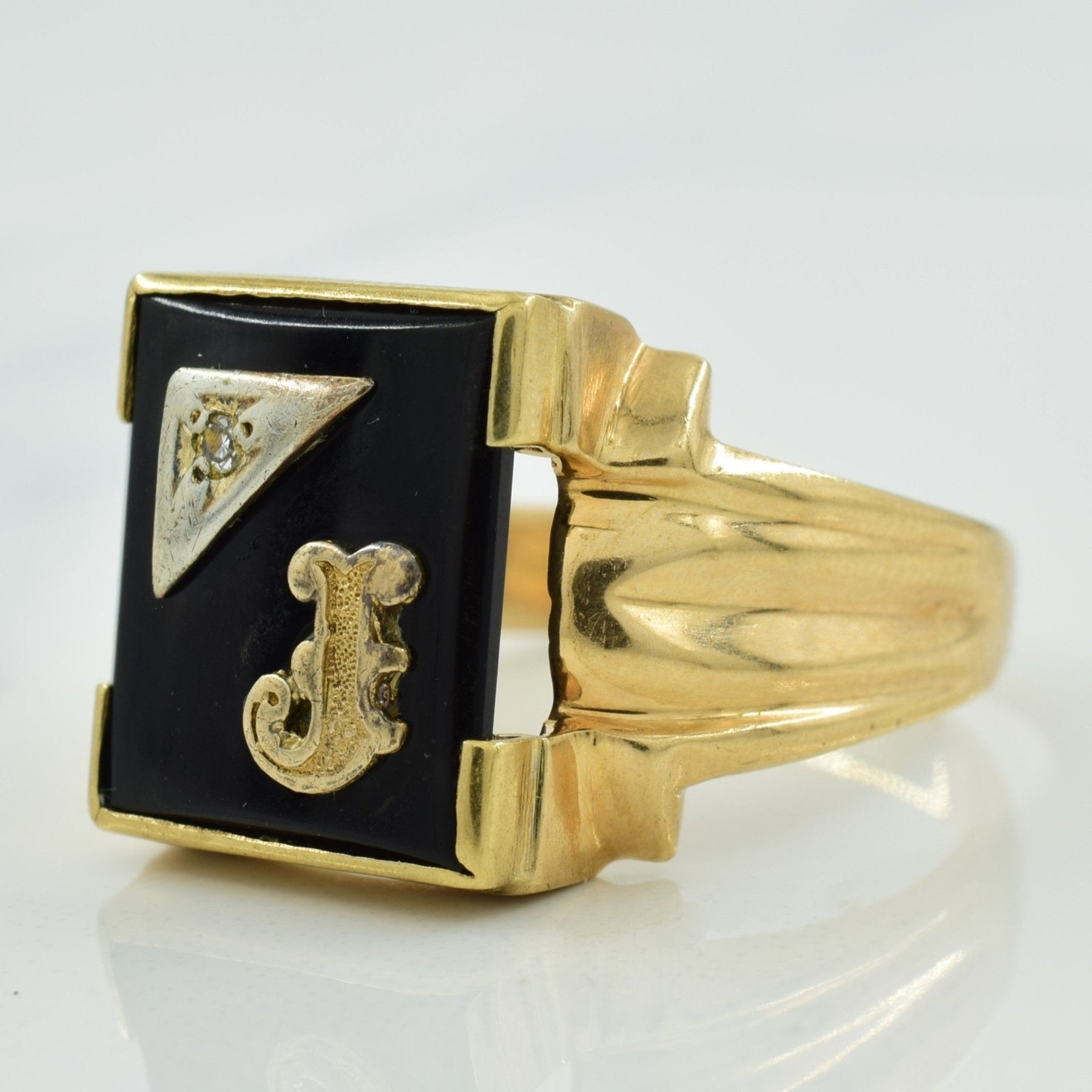 'J' Initialed Black Onyx & Diamond Ring | 6.00ct, 0.02ct | SZ 12 | - 100 Ways