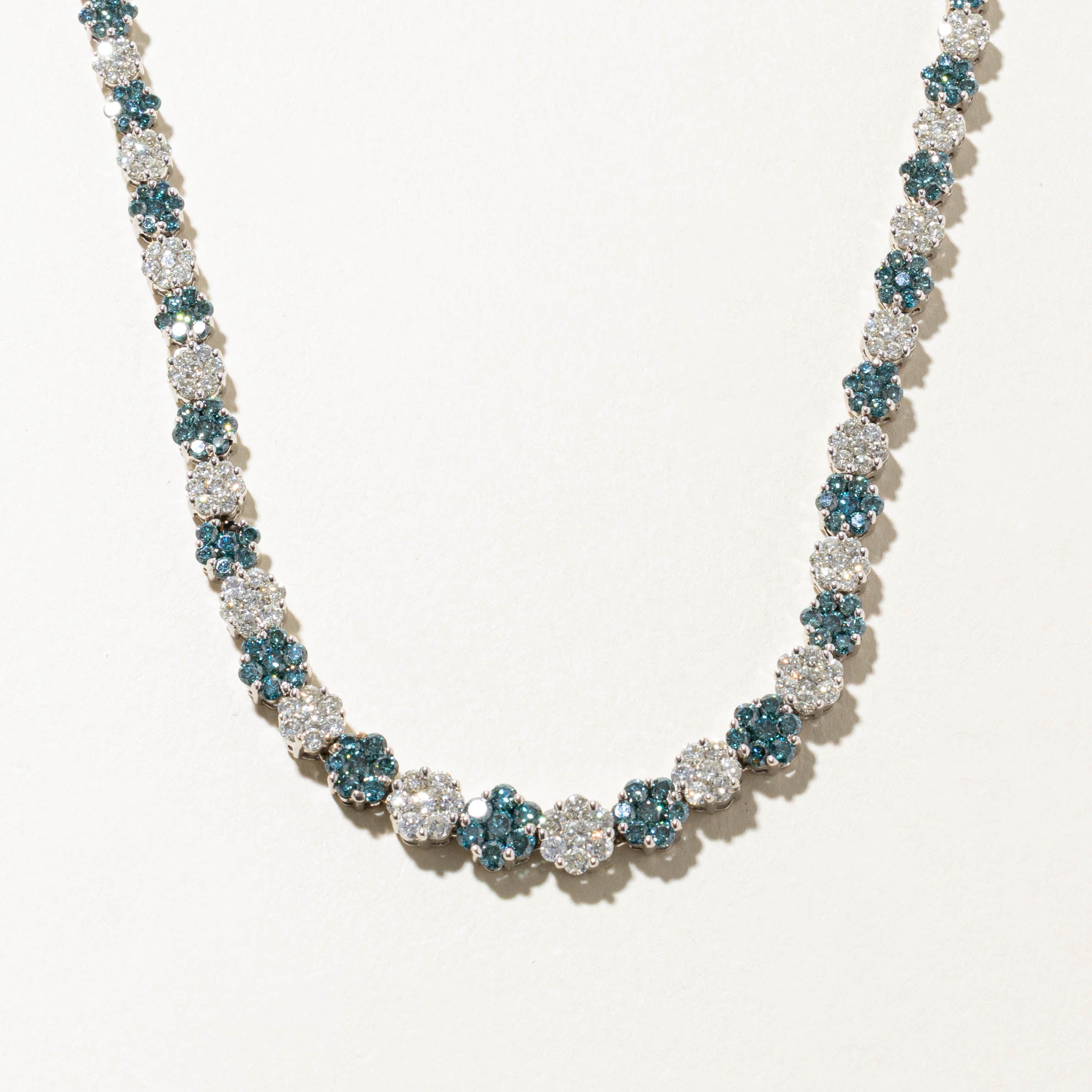 14k Blue & White Diamond Encrusted Floral Cluster Necklace | 8.19ctw | 16"