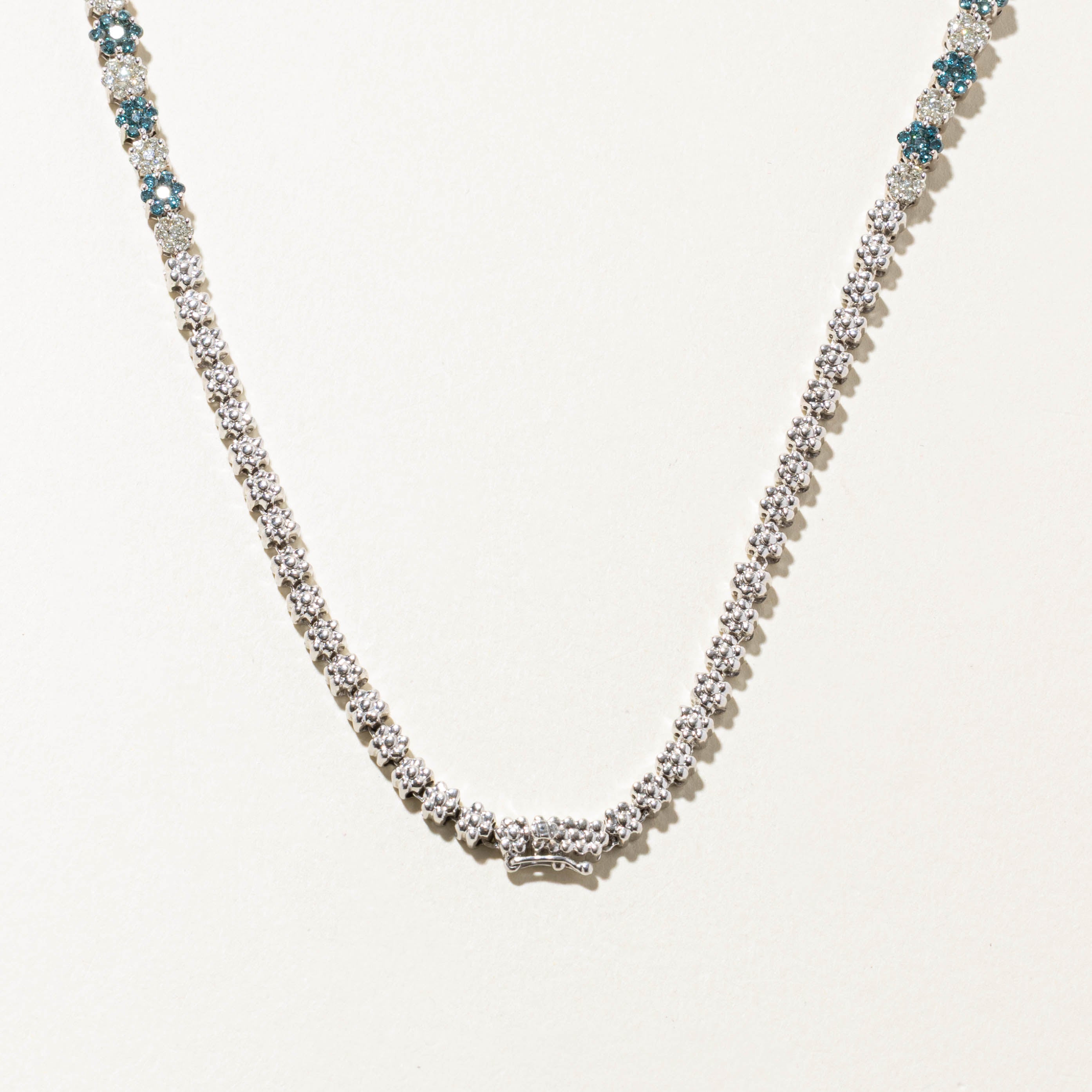14k Blue & White Diamond Encrusted Floral Cluster Necklace | 8.19ctw | 16"