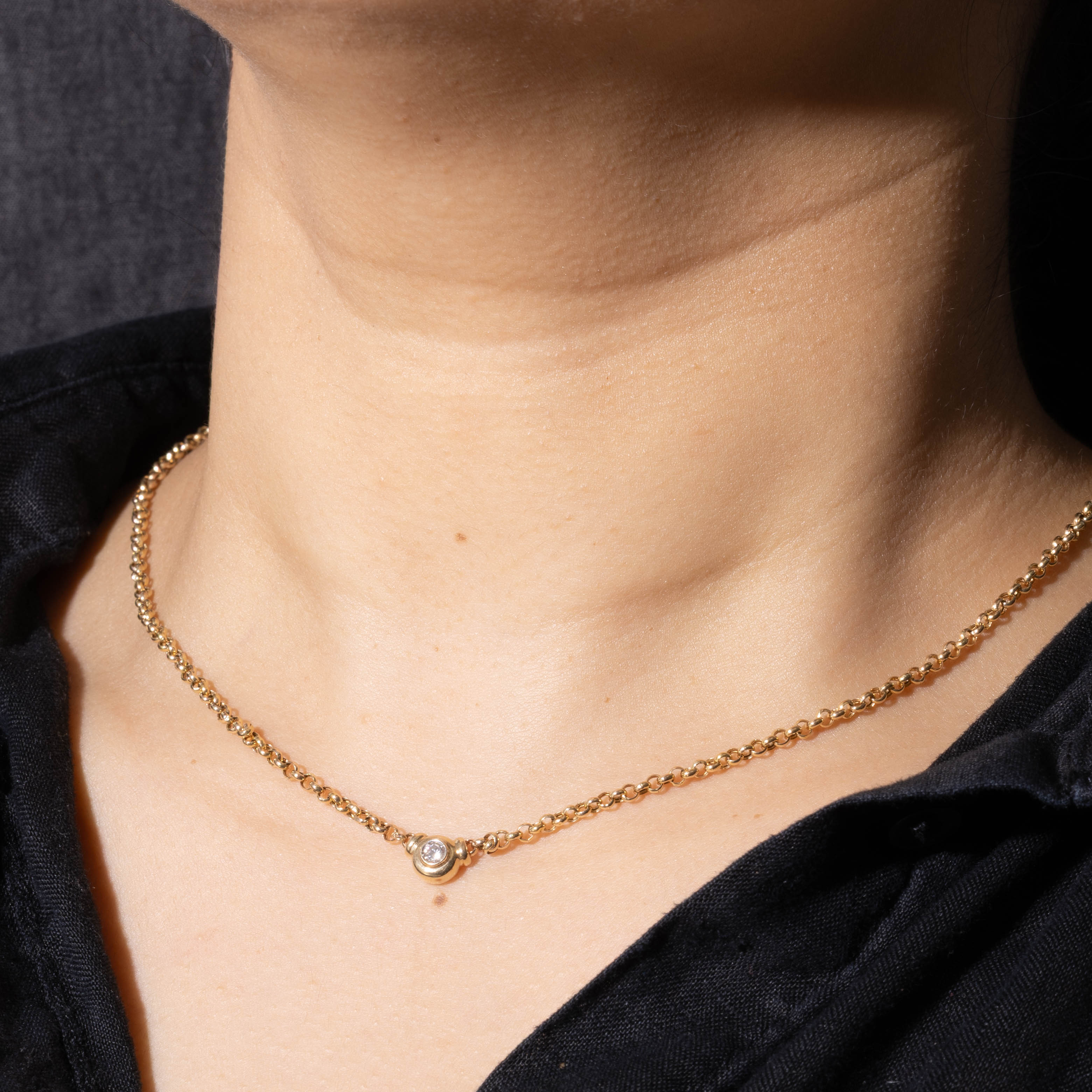14k Solitaire Diamond Pendant Rolo Chain Necklace | 0.07ct | 8"