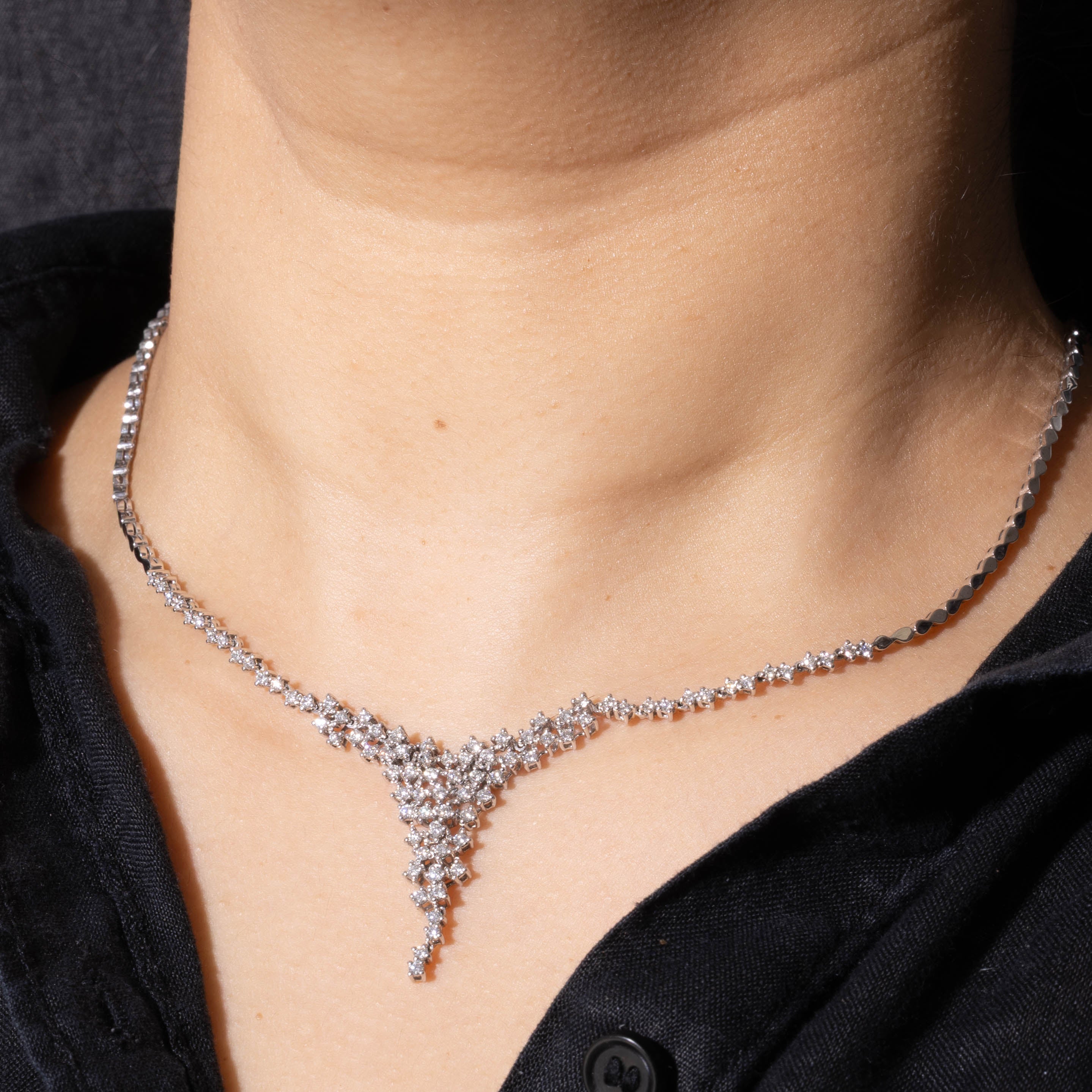 14k White Gold Diamond Drop Cluster Necklace | 1.44ctw | 15.5"