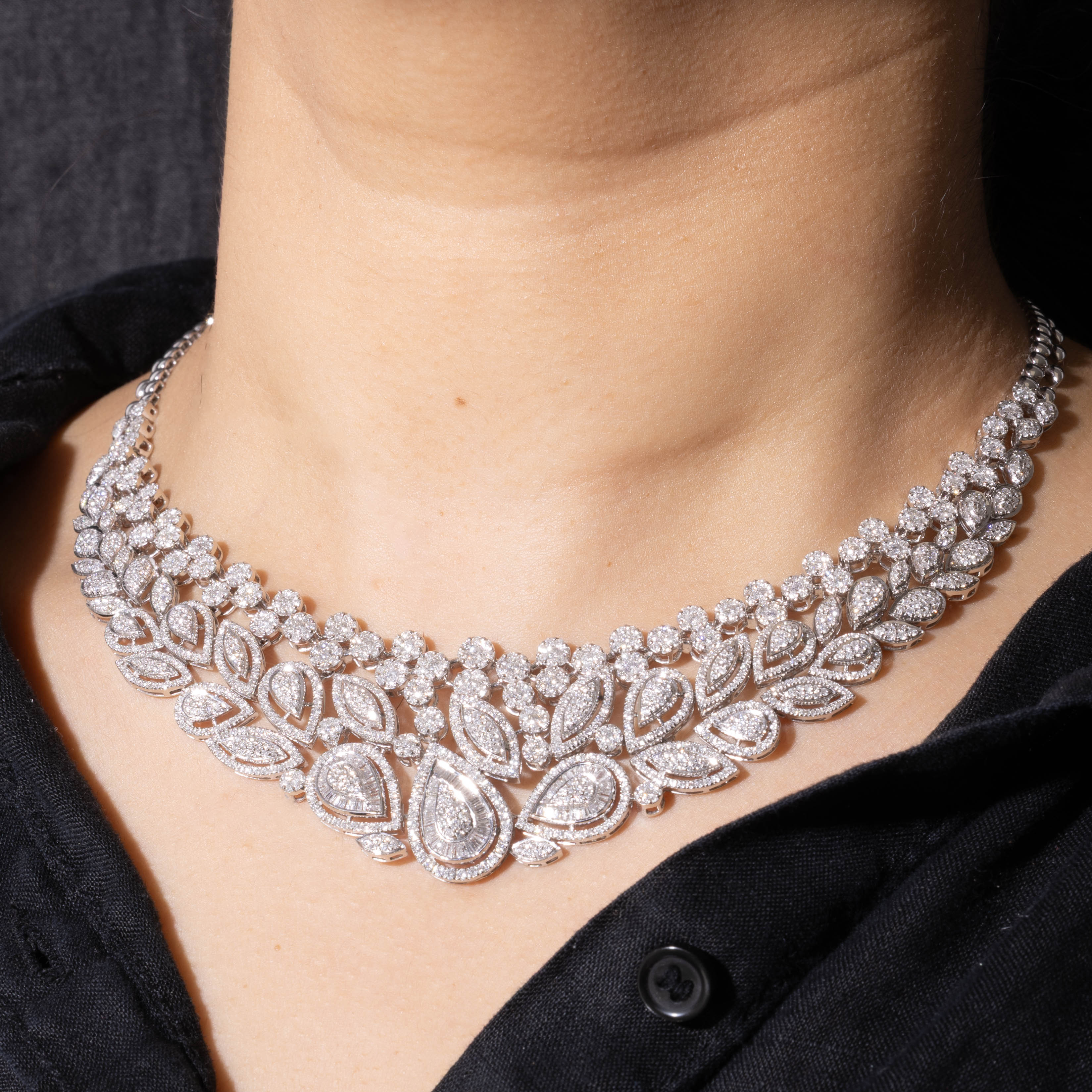 18k Pave Set Diamond Cluster Floral Encrusted Necklace | 7.36ctw | 16"