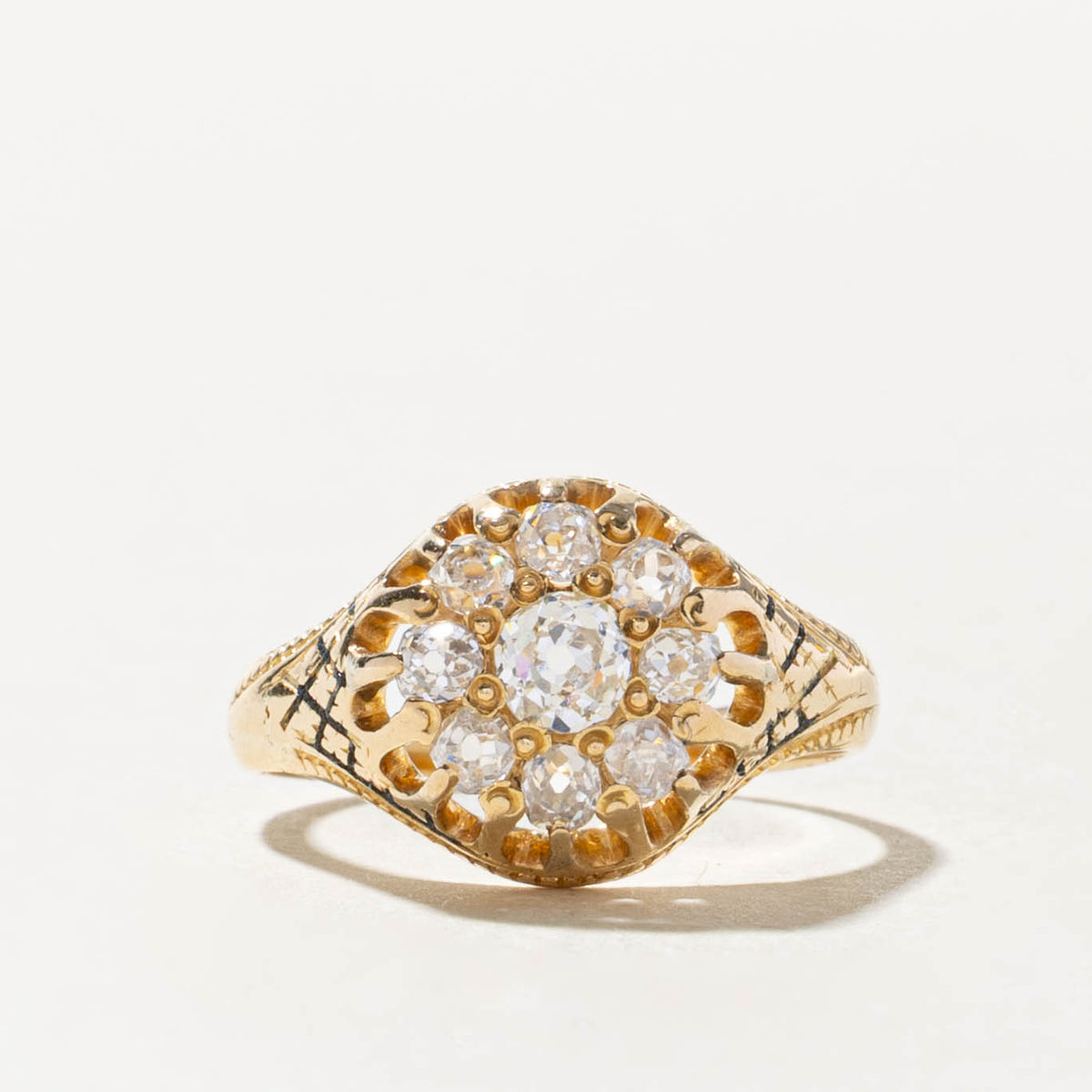 18k Old Mine Cut Diamond Cluster Engraved Ring | 0.65ctw | SZ 6.75