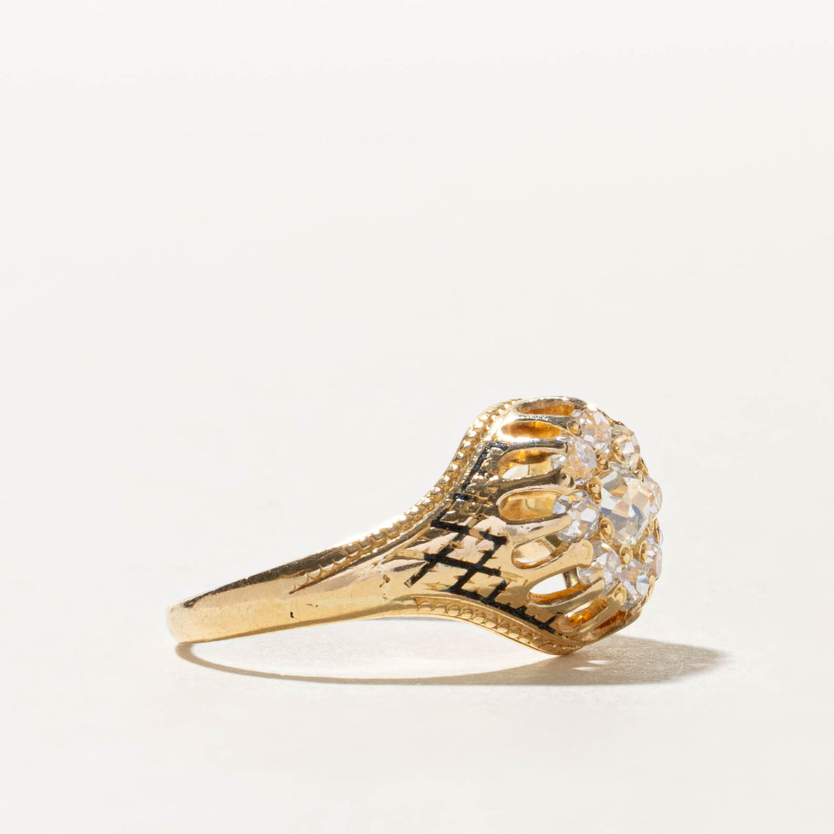 18k Old Mine Cut Diamond Cluster Engraved Ring | 0.65ctw | SZ 6.75