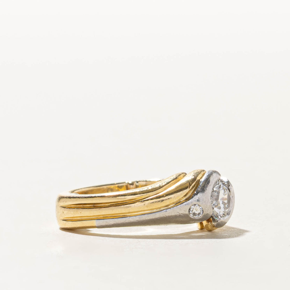 Two Tone Semi Bezel Set Diamond Grooved Bypass Ring | 0.66ct SI2 G, 0.06ctw | SZ 4.25