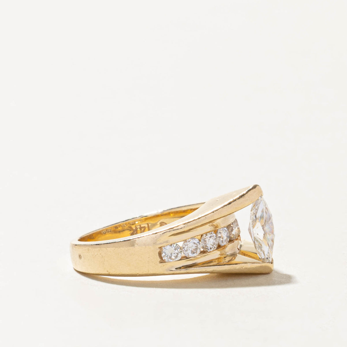 14k Marquise Cut Diamond Accented Grooved Ring | 0.53ct SI1/SI2 I/J, 0.32ctw | SZ 5.5