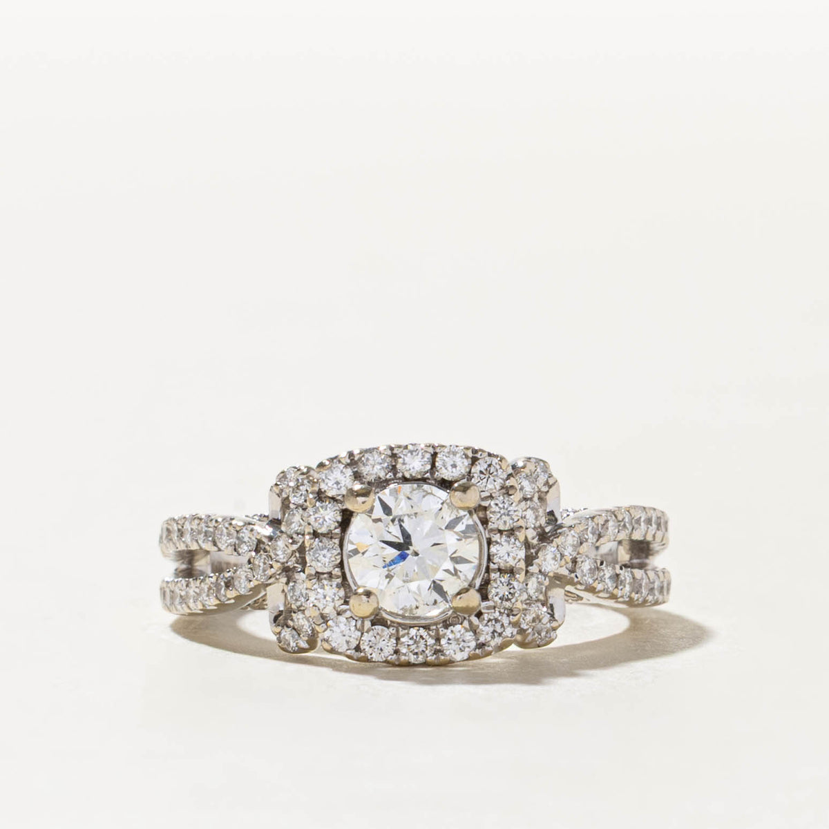 14k Pave Set Diamond Halo Cross Over Ring | 0.69ct SI2 G, 0.60ctw | SZ 7.5