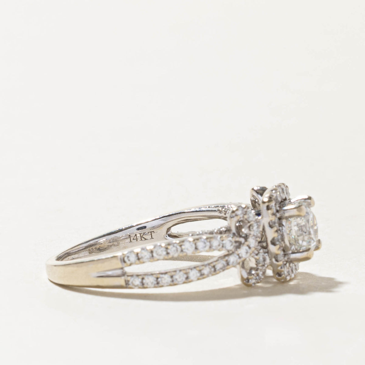 14k Pave Set Diamond Halo Cross Over Ring | 0.69ct SI2 G, 0.60ctw | SZ 7.5