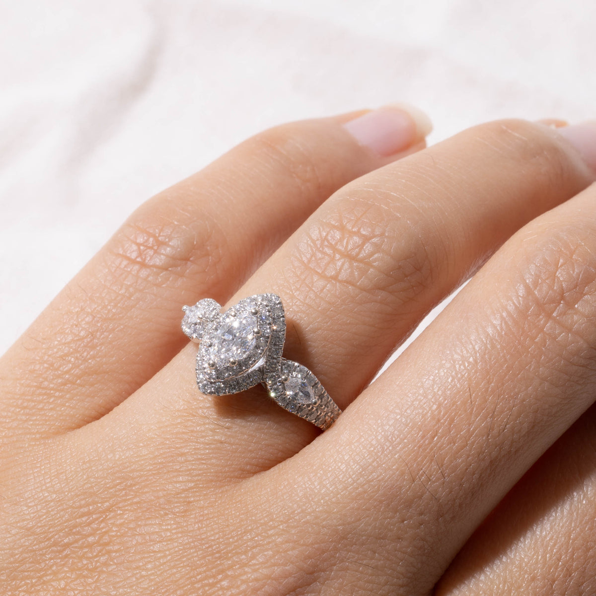 14k Pave Set Marquise Cut Diamond Halo Ring | 0.39ct SI2 E, 0.57ctw | SZ 6.5