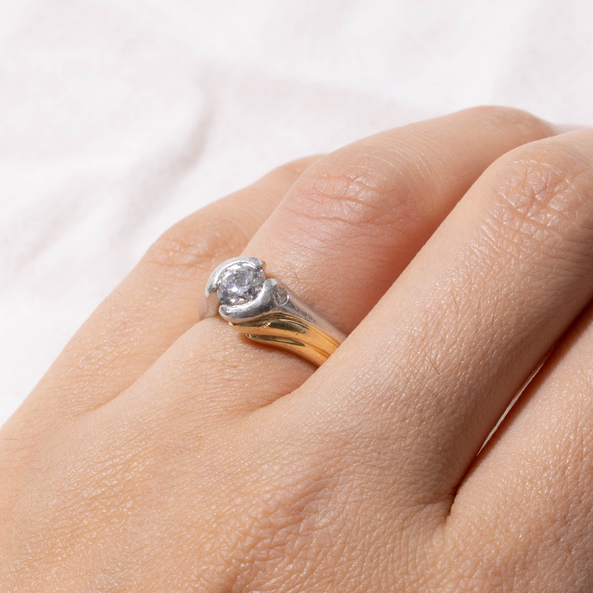 Two Tone Semi Bezel Set Diamond Grooved Bypass Ring | 0.66ct SI2 G, 0.06ctw | SZ 4.25