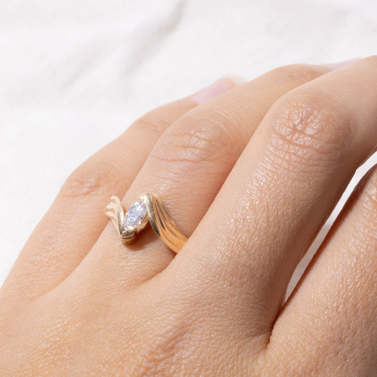 14k Marquise Cut Diamond Grooved Bypass Ring | 0.35ct VS1 F VG | SZ 7