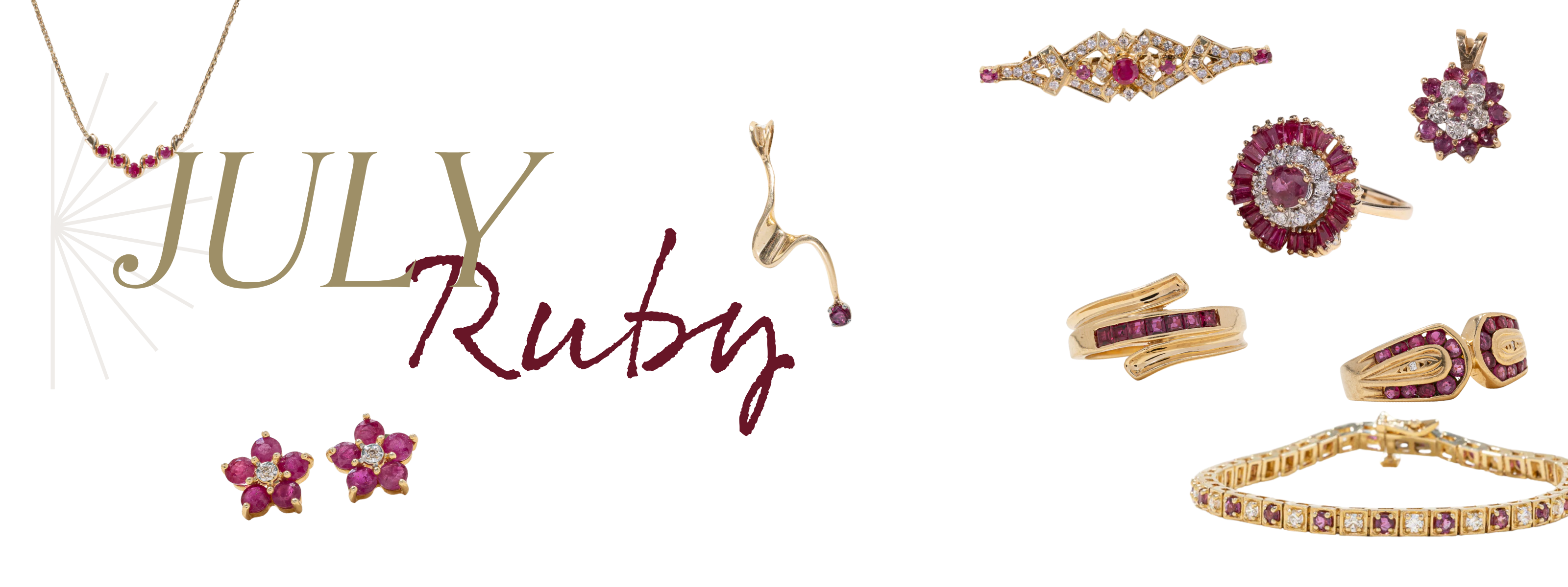 Image of an assortment of vintage, antique ruby brooches, bracelets, rings, necklaces and earring jewelry. Text reads: July ruby