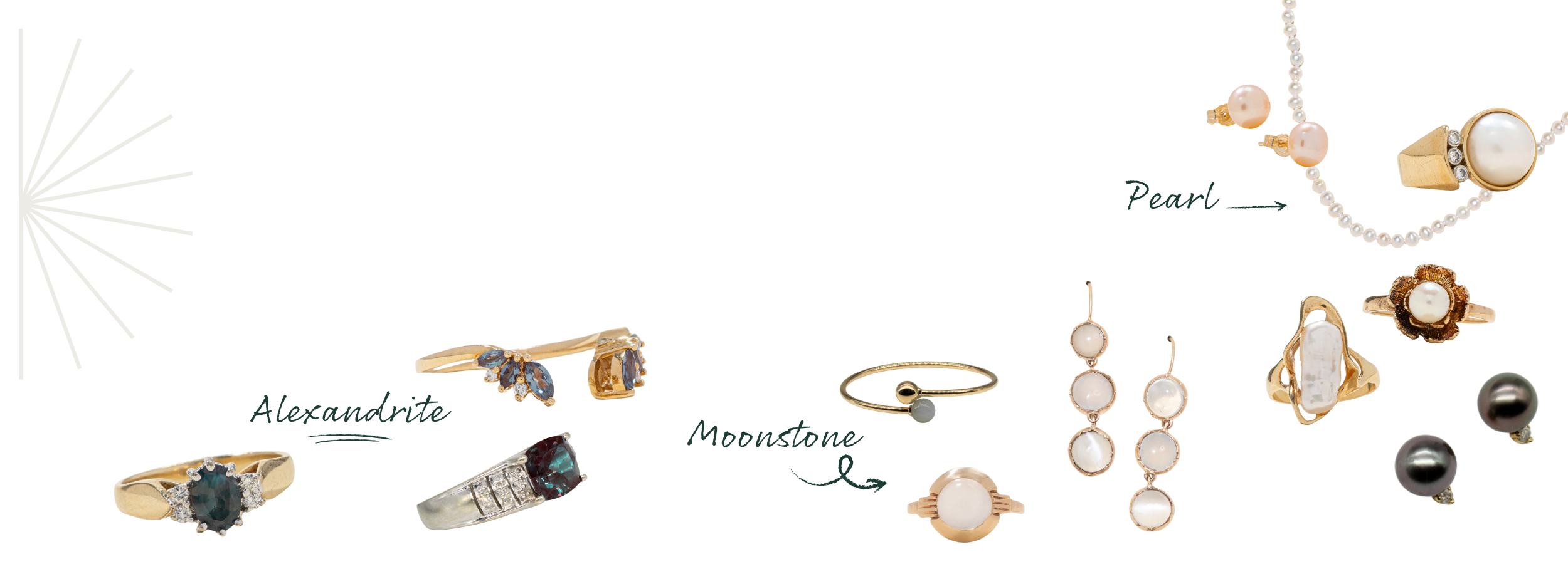 image shows three birthstones for june, pearl, alexandrite, and moonstone with fine jewelry examples of each