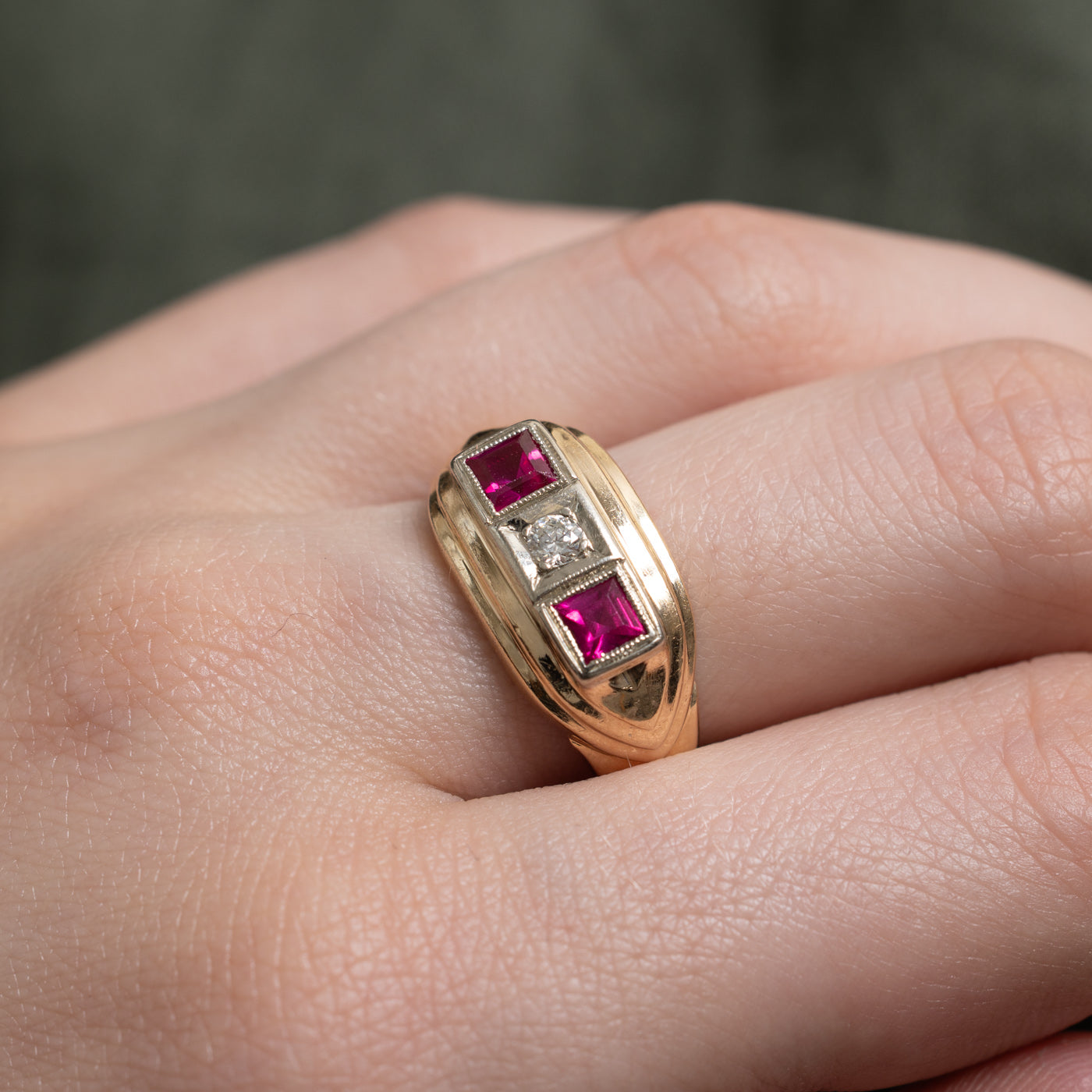 Art Deco Synthetic Ruby & Diamond Panel Ring | 0.66ctw, 0.08ct | SZ 7.5