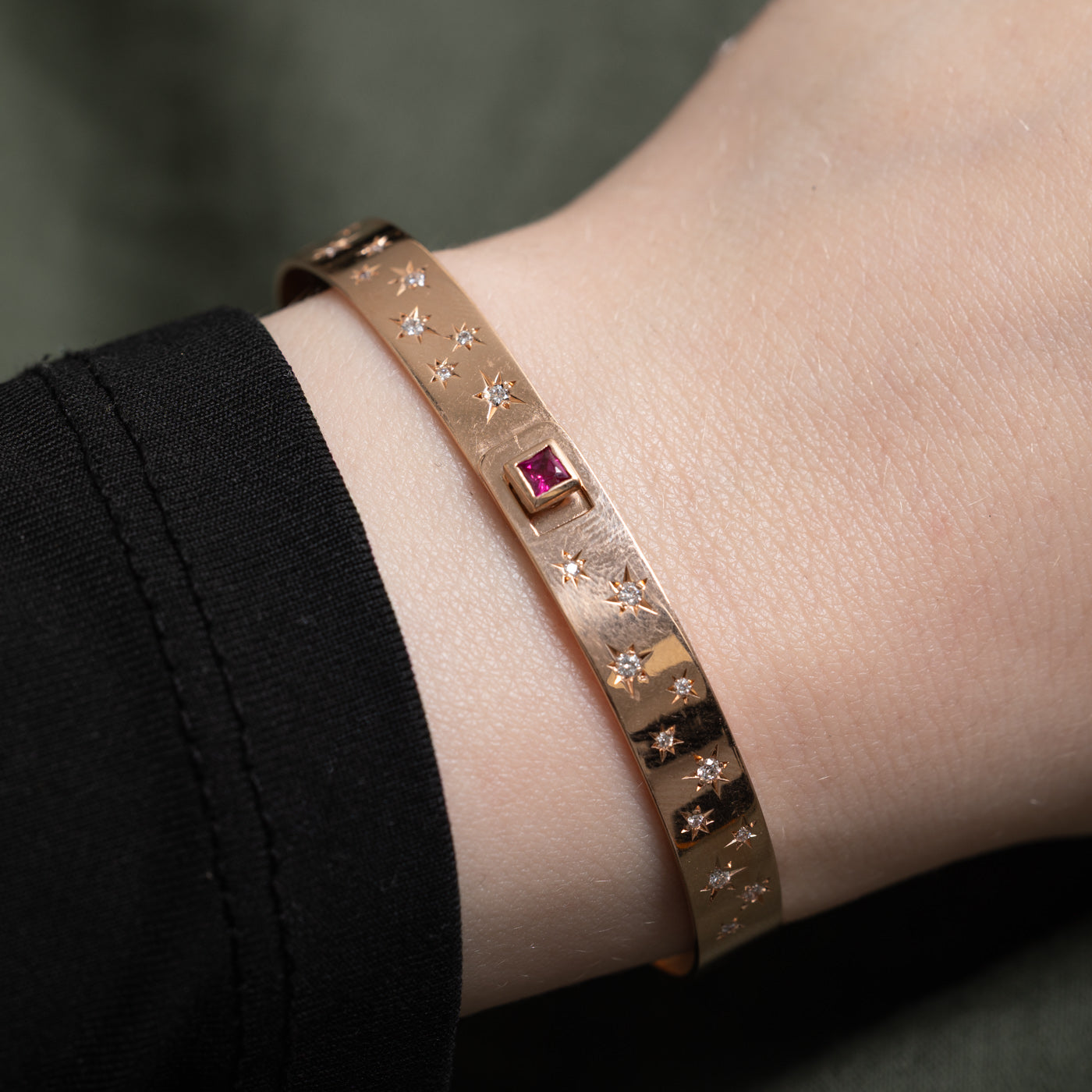 French Cut Ruby & Start Set Diamond Bangle Bracelet | 0.10ct, 0.20ctw | 6.75"