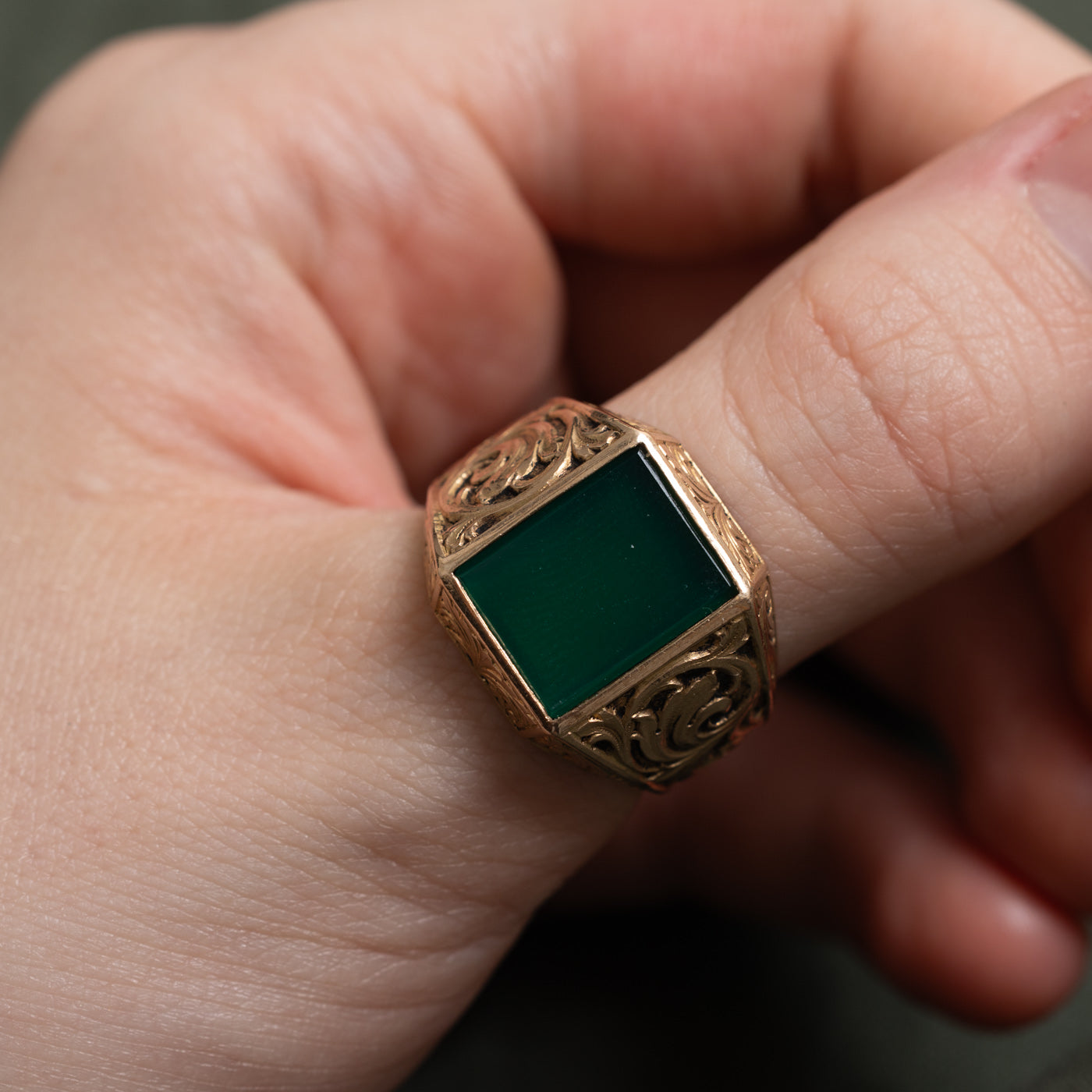 Polish Chrysoprase Scrollwork Signet Ring | 3.24ct | SZ 9