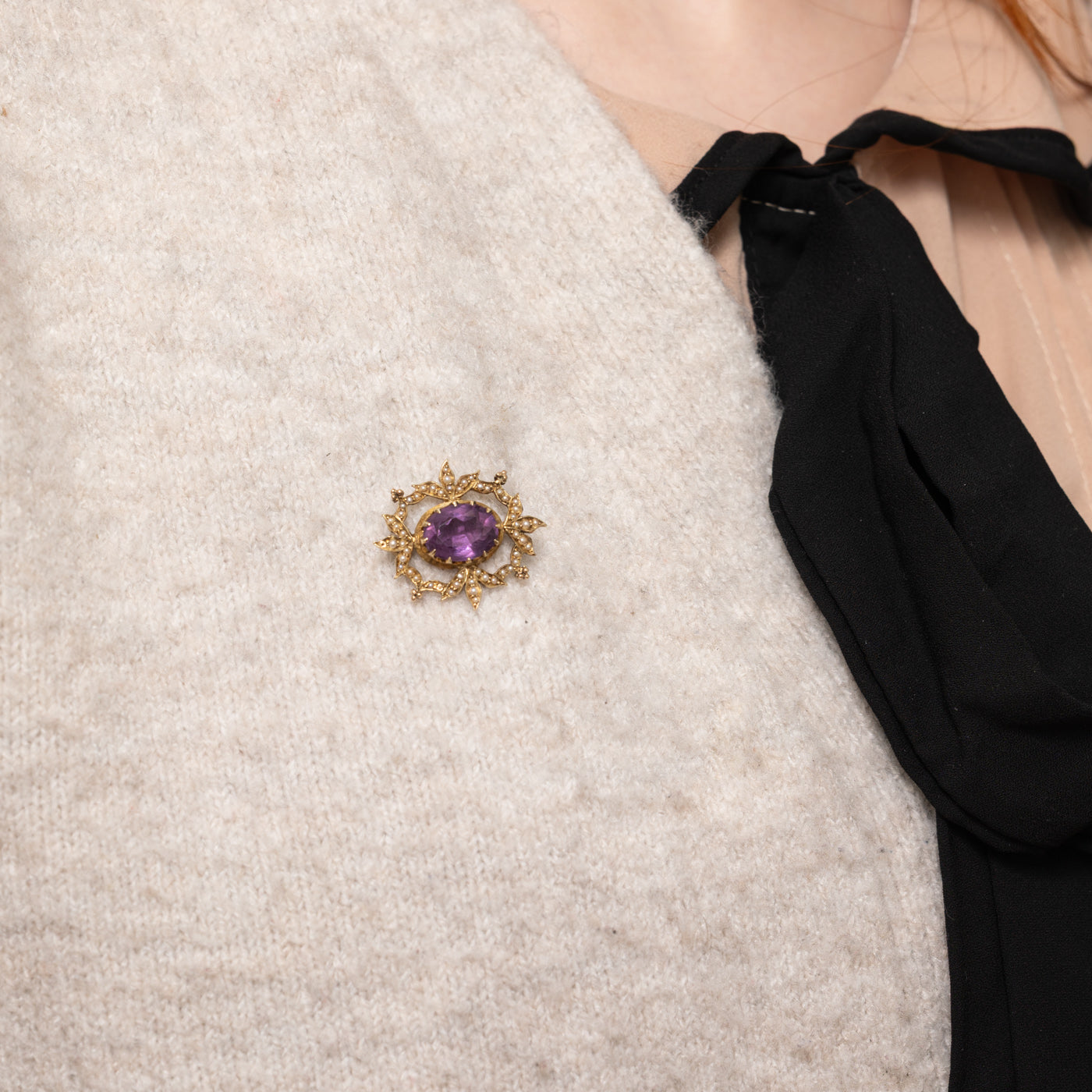 Late Victorian Amethyst & Seed Pearl Floral Wreath Brooch | 3.88ct