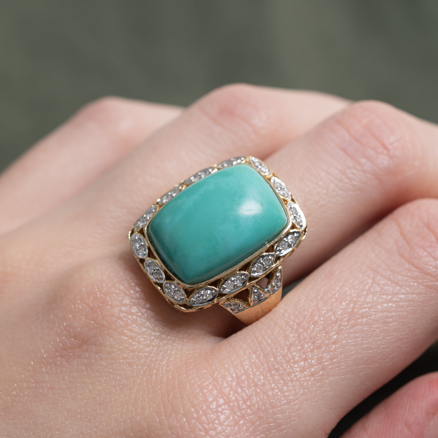 Turquoise & Diamond Ornate Halo Cocktail Ring | 11.0ct, 0.16ctw | SZ 8.25 |