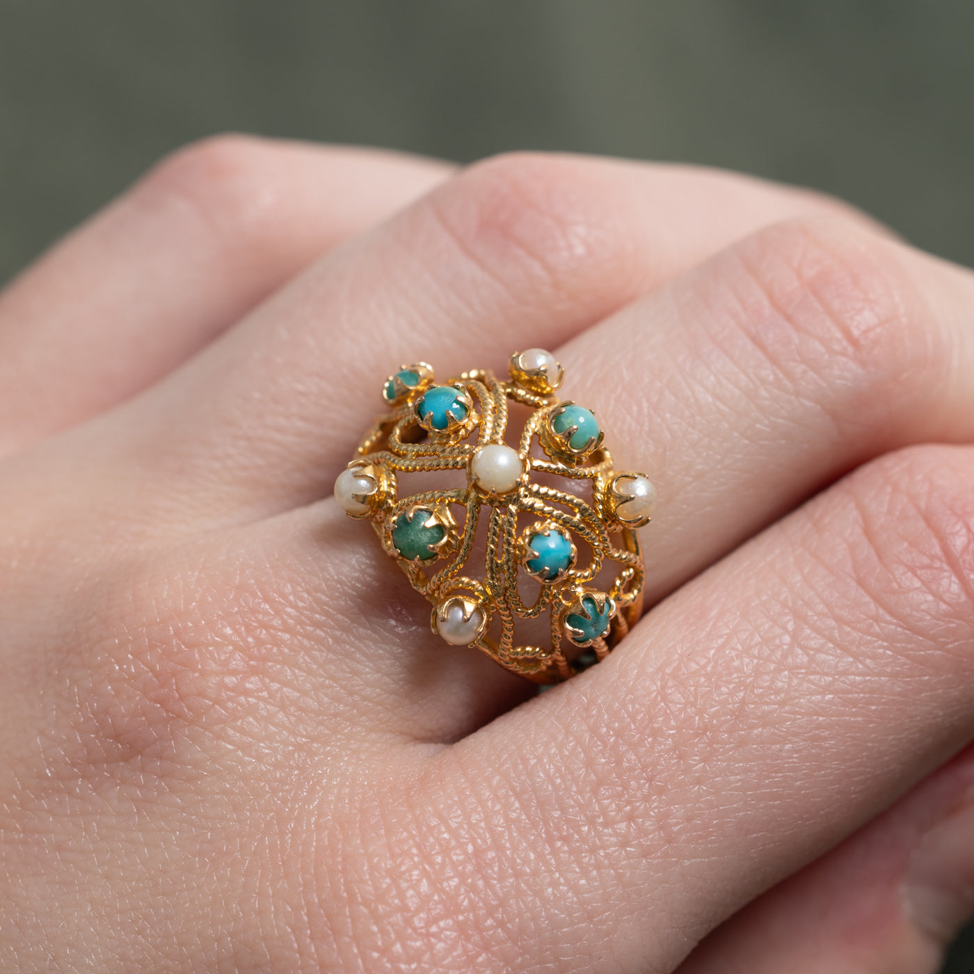 Turquoise & Pearl Openwork Cocktail Ring | 0.42ctw | SZ 4.5 |