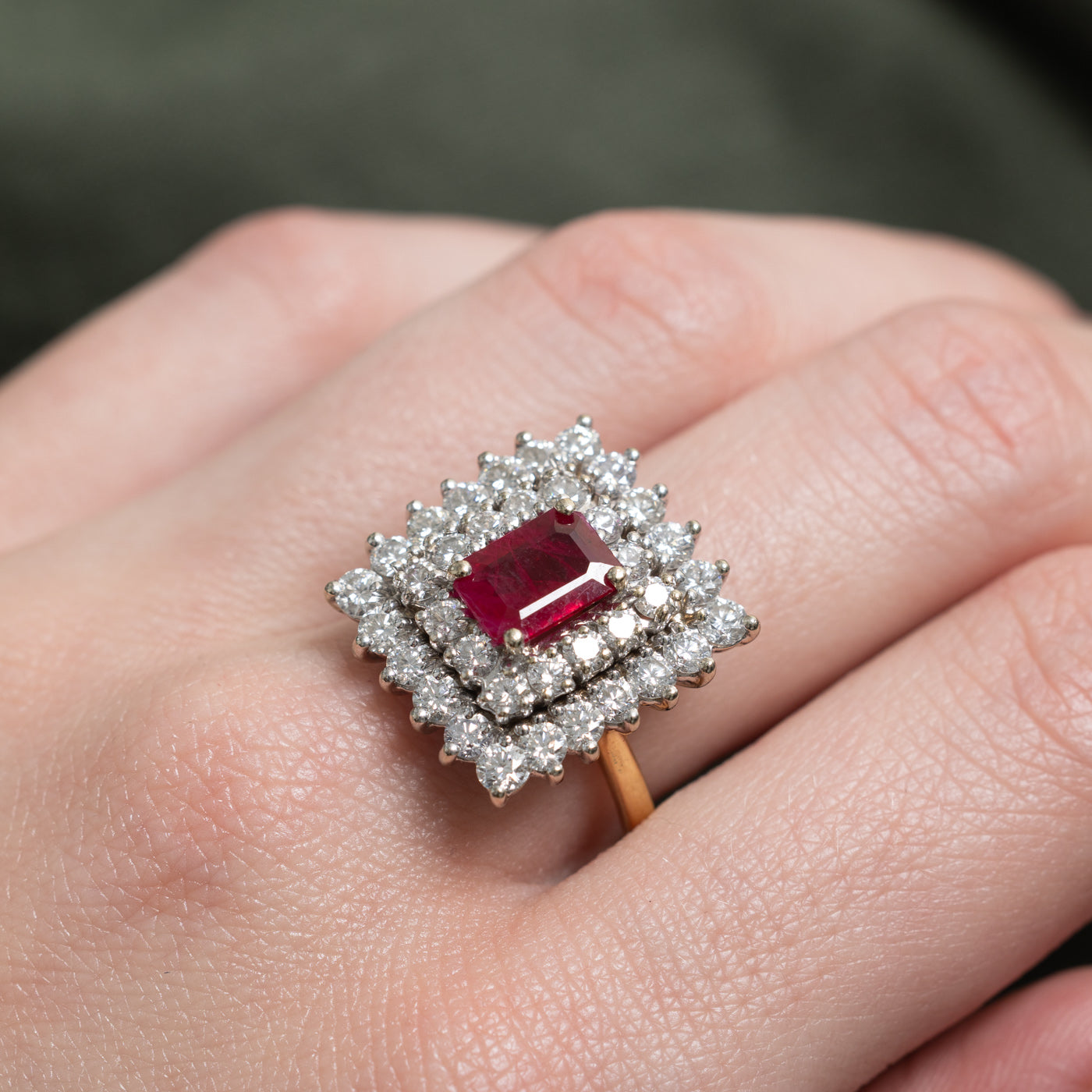 Step Cut Ruby & Diamond Double Halo Ring | 1.42ct, 2.24ctw | SZ 6.75 |