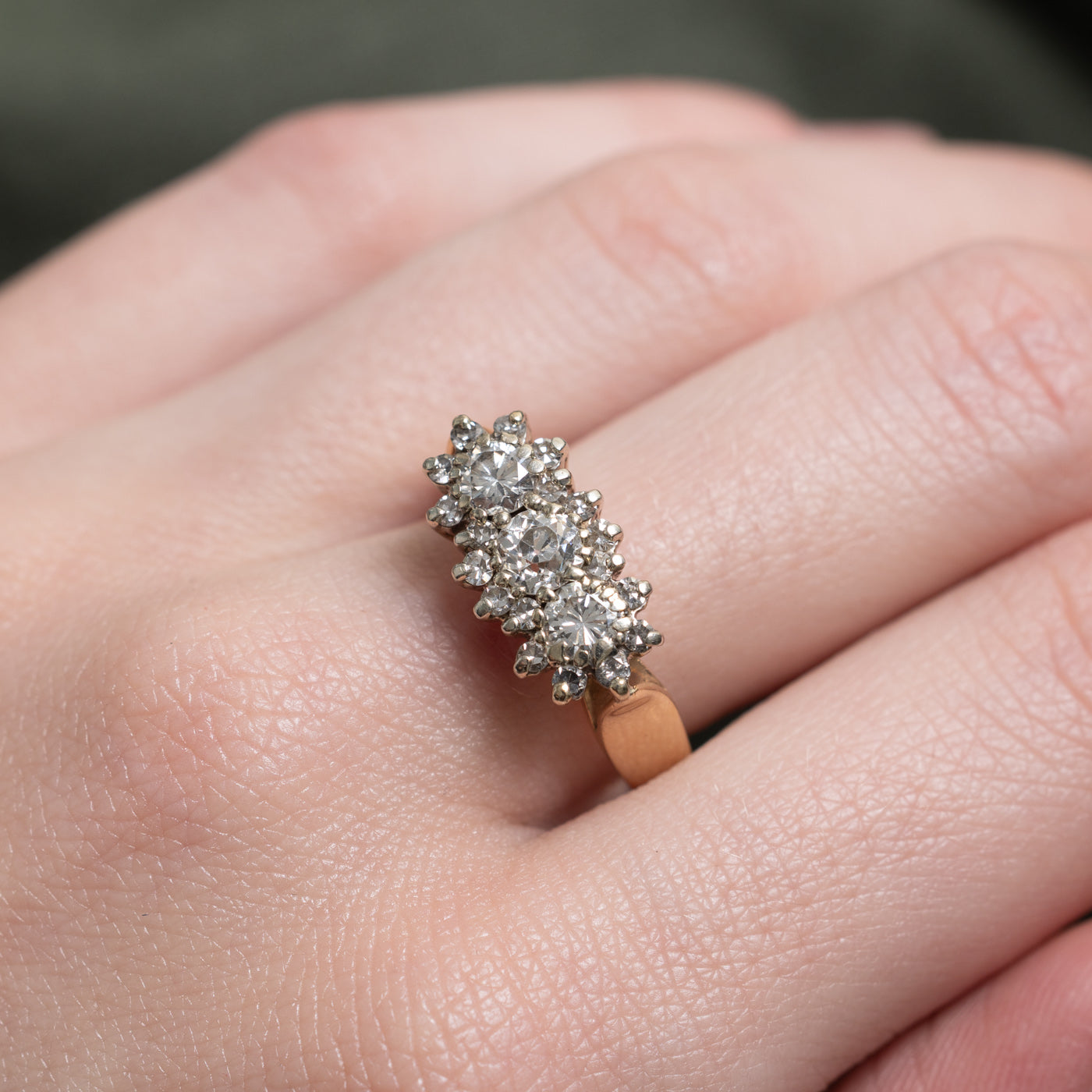 Old European Cut Three Stone Diamond Petal Halo Ring | 1.18ctw | SZ 8.25 |