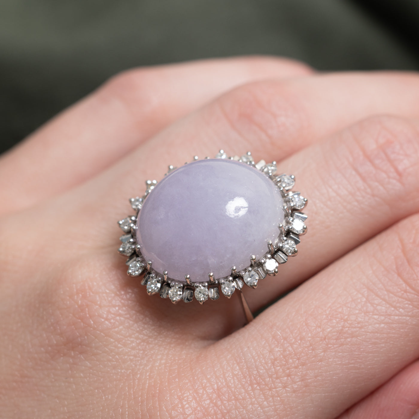 Lavender Jadeite & Diamond Halo Cocktail Ring | 34.5ct, 0.6ctw | SZ 8.0 |