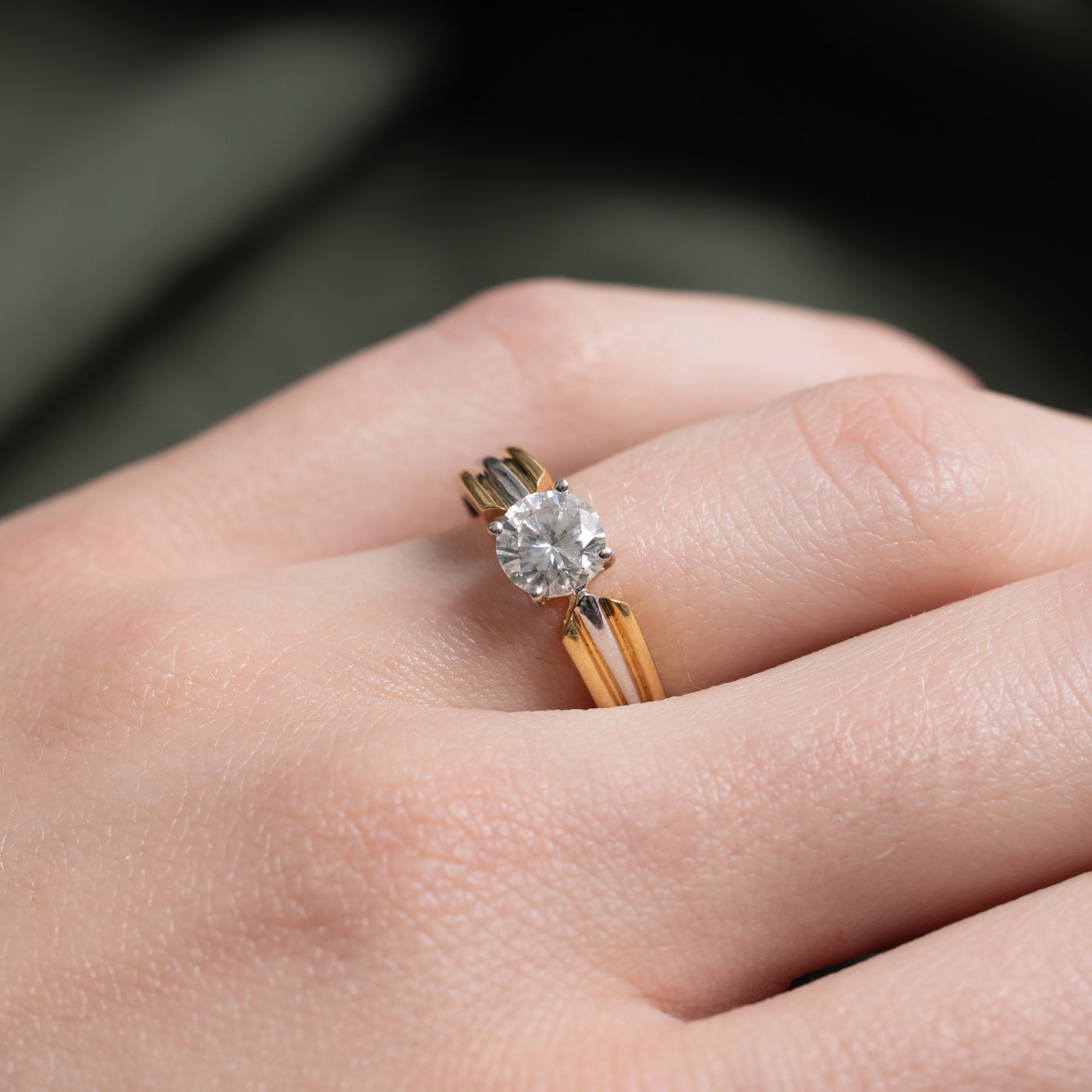 Two Tone Gold Solitaire Diamond Grooved Ring | 0.74ct SI1/SI2 F/G | SZ 6.25 |